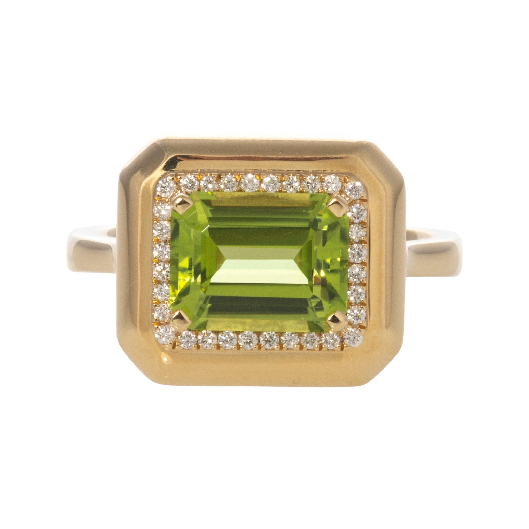 Goshwara 18K Gold Emerald Cut Peridot & Diamond Ring for Women | Elegant Green Gemstone Jewelry for Engagement, Anniversary & Special Occasions