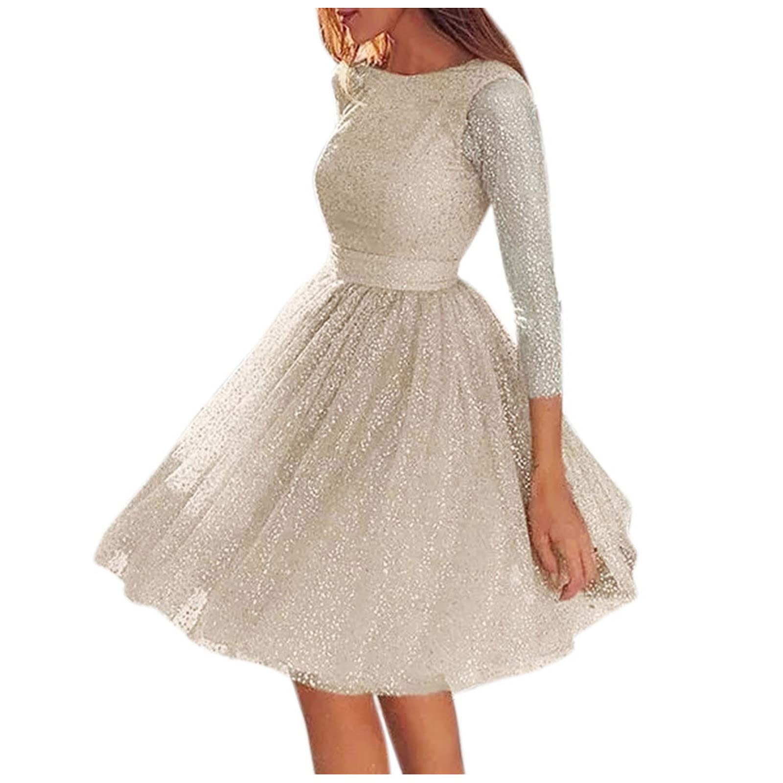 Elegant Sequin Long Sleeve Backless Prom Dress for Women - Waisted Zipper Mini Puffy Dress for Wedding Guest, Party, Cocktail & Special Occasions