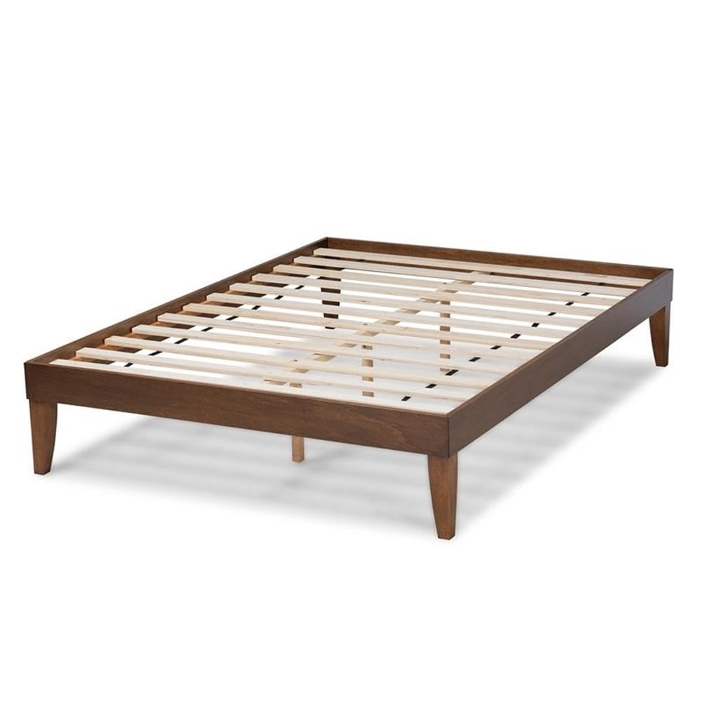 BOWERY HILL Queen Size Walnut Finished Platform Bed Frame with Headboard - Solid Wood Modern Bedroom Furniture for Small Spaces & Guest Rooms