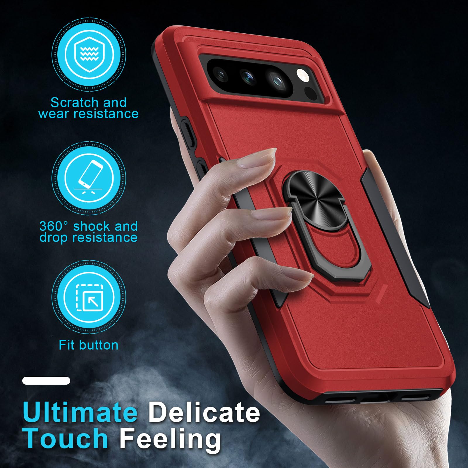 Janmitta Shockproof Heavy Duty Case for Google Pixel 8 Pro with Built-in Screen Protector & Camera Lens Cover - Full Body Protection with Metal Ring Holder & Kickstand (2023, Red) | Perfect for Outdoor Activities, Travel & Daily Use