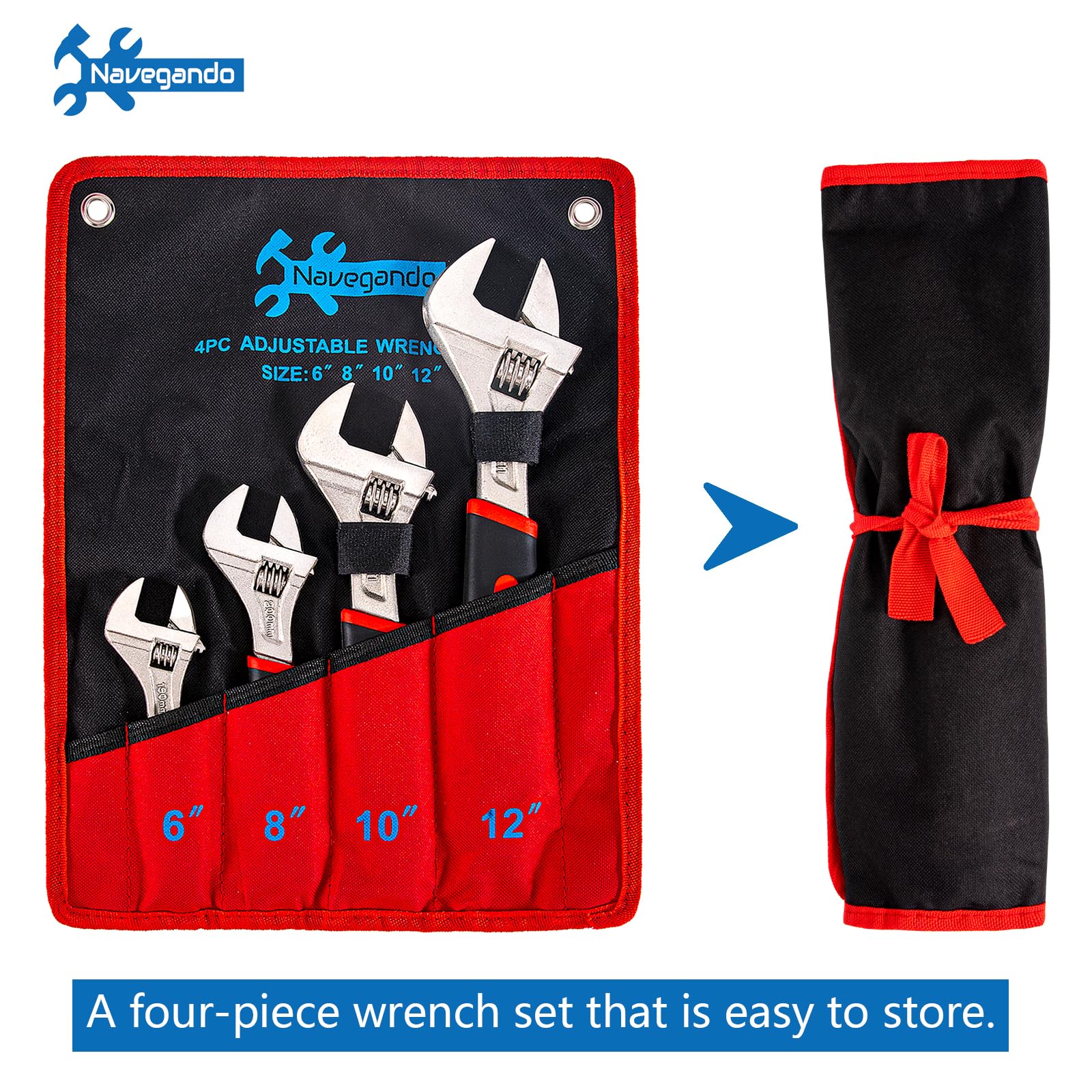 Adjustable Wrench Set 4-Piece - 6, 8, 10, 12 Inch Professional Spanner Kit with Ergonomic Rubber Grip & Movable Jaw - Ideal for Plumbing, Automotive Repair, and DIY Home Improvement Projects
