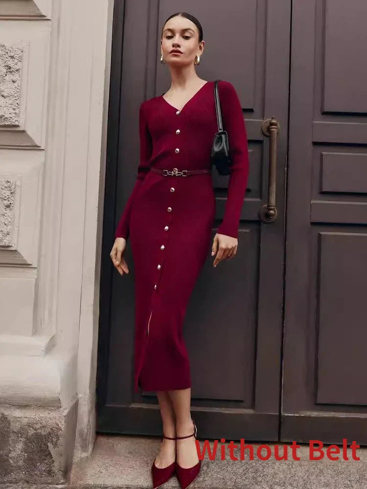Elegant Long Sleeve Sweater Dress for Women - Single Breasted Knit Maxi Dress for Autumn Winter - Slit Evening Party Dress 2024 | Perfect for Holiday Gatherings, Office Wear & Date Nights