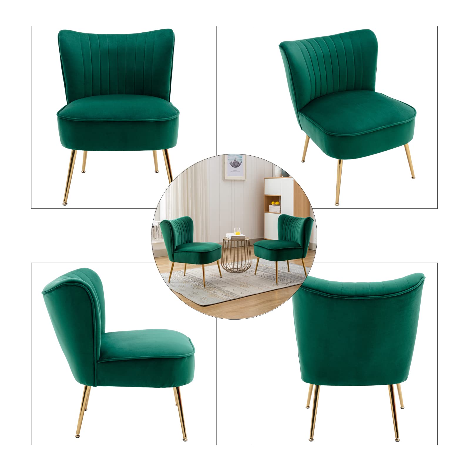 DUOMAY Modern Velvet Accent Chair Set of 2 - Green Wingback Slipper Chairs with Gold Metal Legs for Living Room, Bedroom, Entryway - Space Saving Small Corner Chairs for Apartments & Cozy Reading Nooks