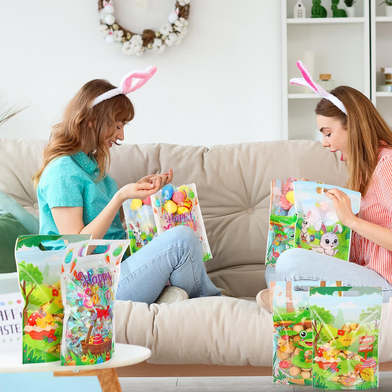 60 Pcs Easter Gift Bags - Plastic Tote Bags with Handles for Easter Eggs, Bunny Candy & Party Favors - Spring Easter Frog Chick Goodie Bags for Easter Egg Hunt, School Events & Spring Celebrations