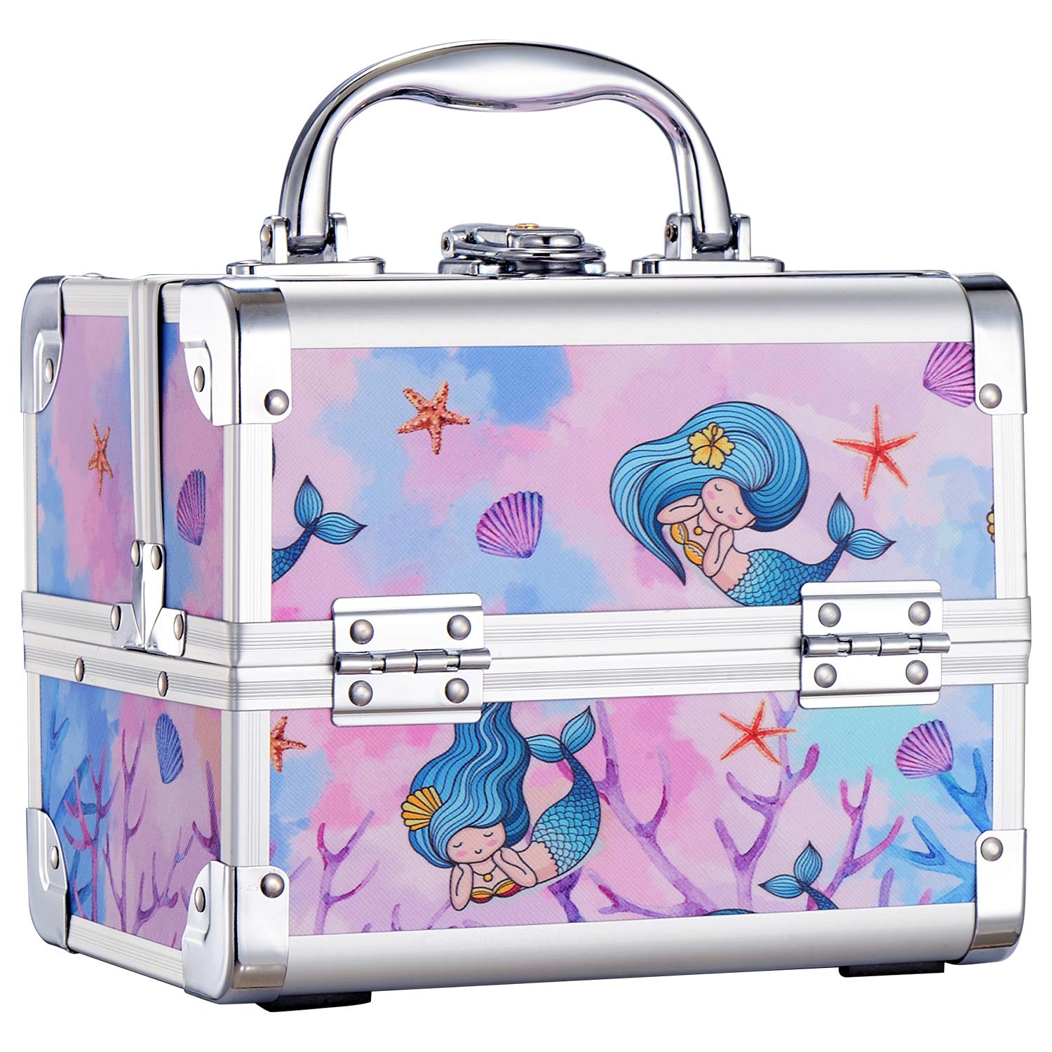 Joligrace Lockable Makeup Train Case for Girls - 2-Tier Cosmetic Organizer with Mirror | Jewelry & Hair Accessories Storage | Perfect for Travel, Birthday Gifts & Princess Themed Rooms (Mermaid Design)