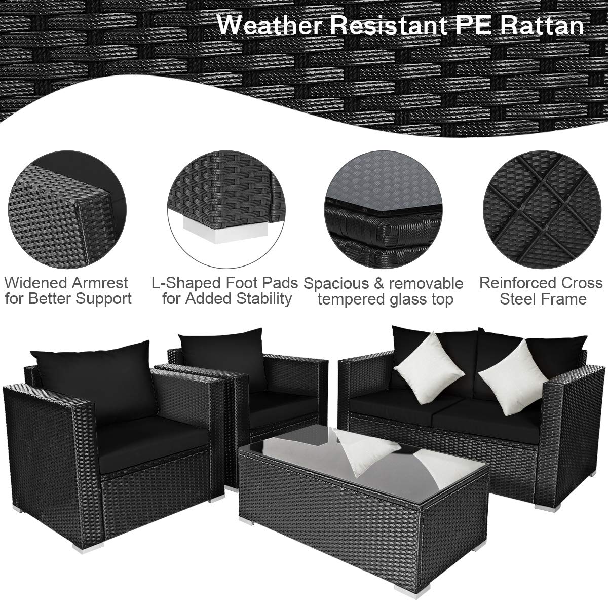 HappyGrill 4-Piece Outdoor Patio Conversation Set - Rattan Wicker Sofa with Tempered Glass Table & Removable Cushions - Perfect for Garden, Backyard, Poolside, and Outdoor Relaxation