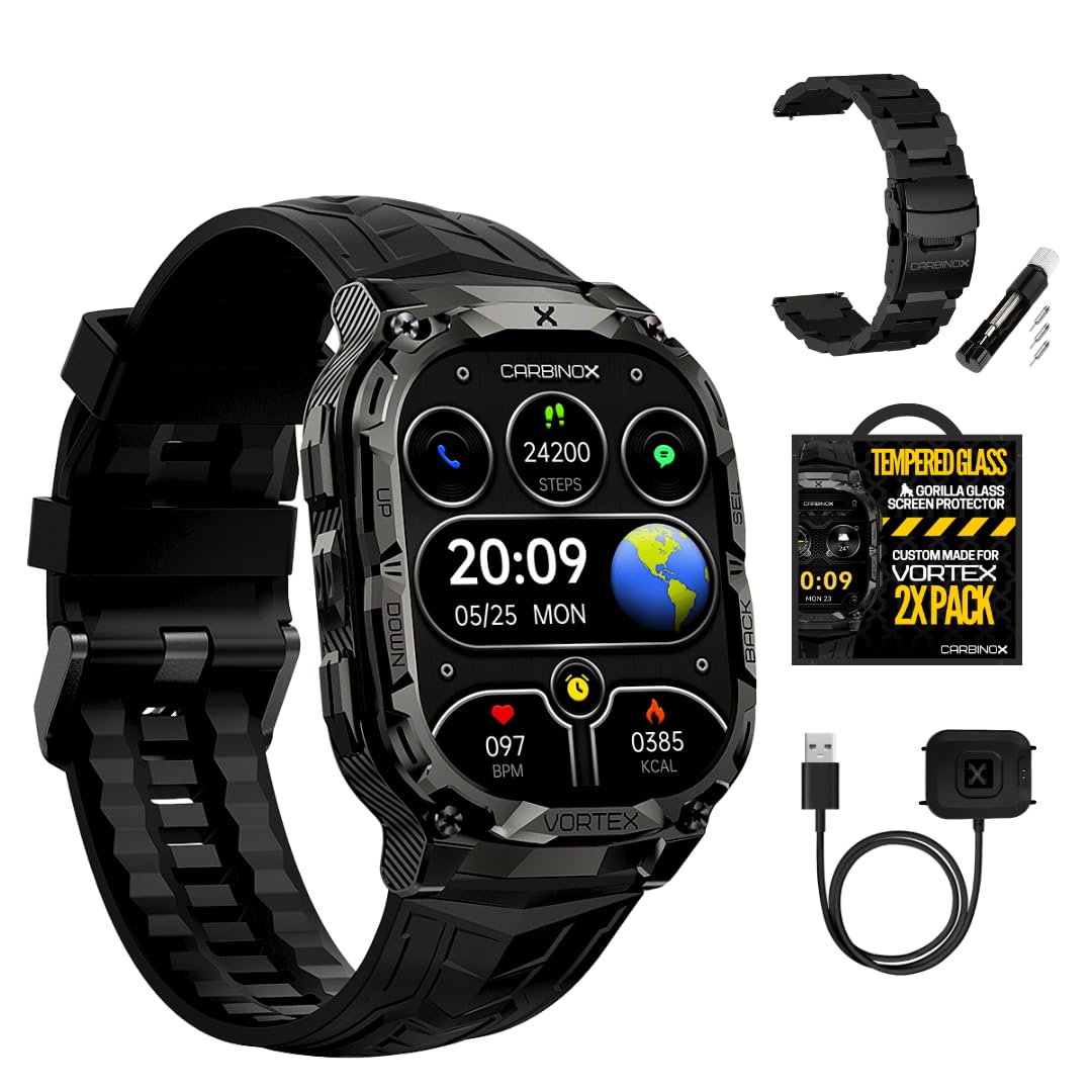 CARBINOX Vortex Smart Watch with Metal Band - 2 Pack, IP69K Waterproof Military-Grade Fitness Tracker with 14-Day Battery Life, Compatible with Android & iOS - Perfect for Outdoor Sports, Gym Workouts and Daily Activity Tracking