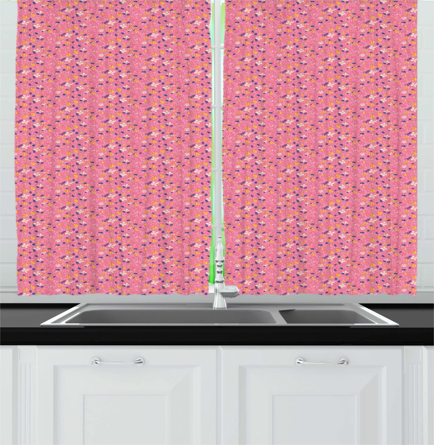 Ambesonne Floral Long Kitchen Curtains | Hand-Painted Spring Flowers Design | 2-Panel Rod Pocket Drapes | 55