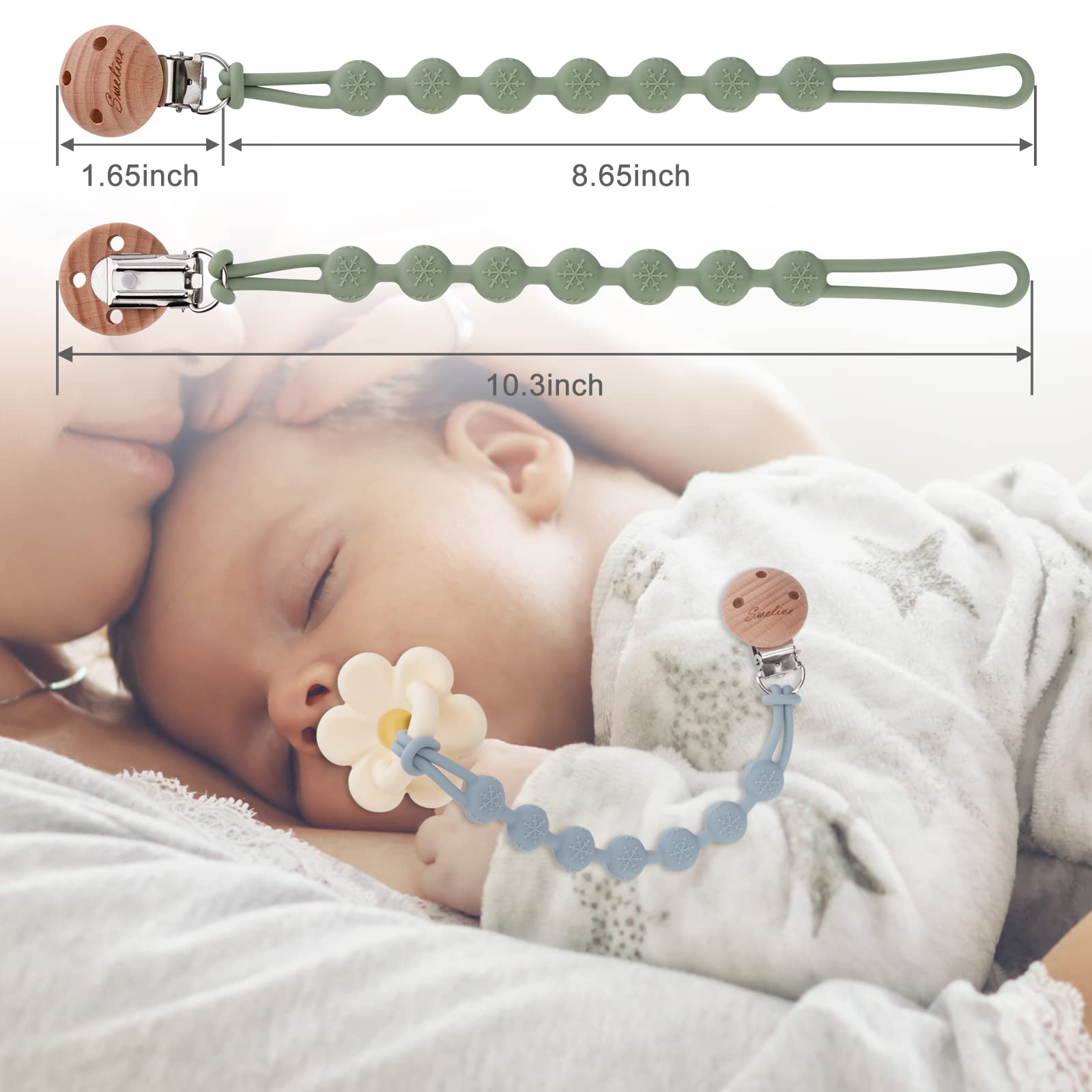 2 Pack Baby Pacifier Clips for Boys & Girls - Wooden Design Binky Holder Clips | One-Piece Pacifier Leash for Newborns | Perfect Baby Shower Gift & Everyday Use (Muted + Lilac) | Use at Home, Travel, Daycare & Outdoor Activities