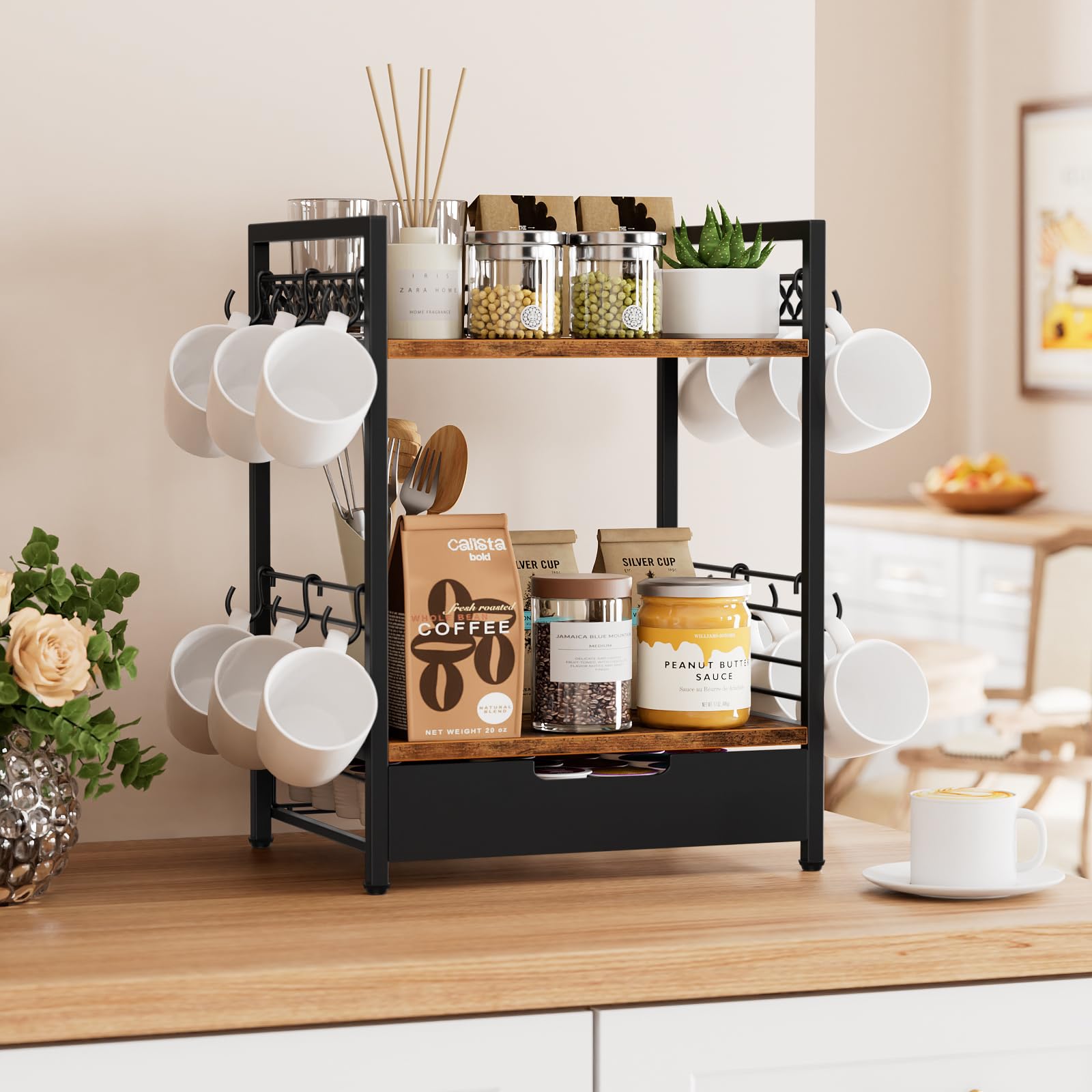 2-Tier Coffee Bar Organizer with 12 Hooks & 30 K-Cup Drawer - Multifunctional Mug Rack & Countertop Shelf for Kitchen Accessories - Perfect for Coffee Stations, Office Break Rooms & Small Space Organization