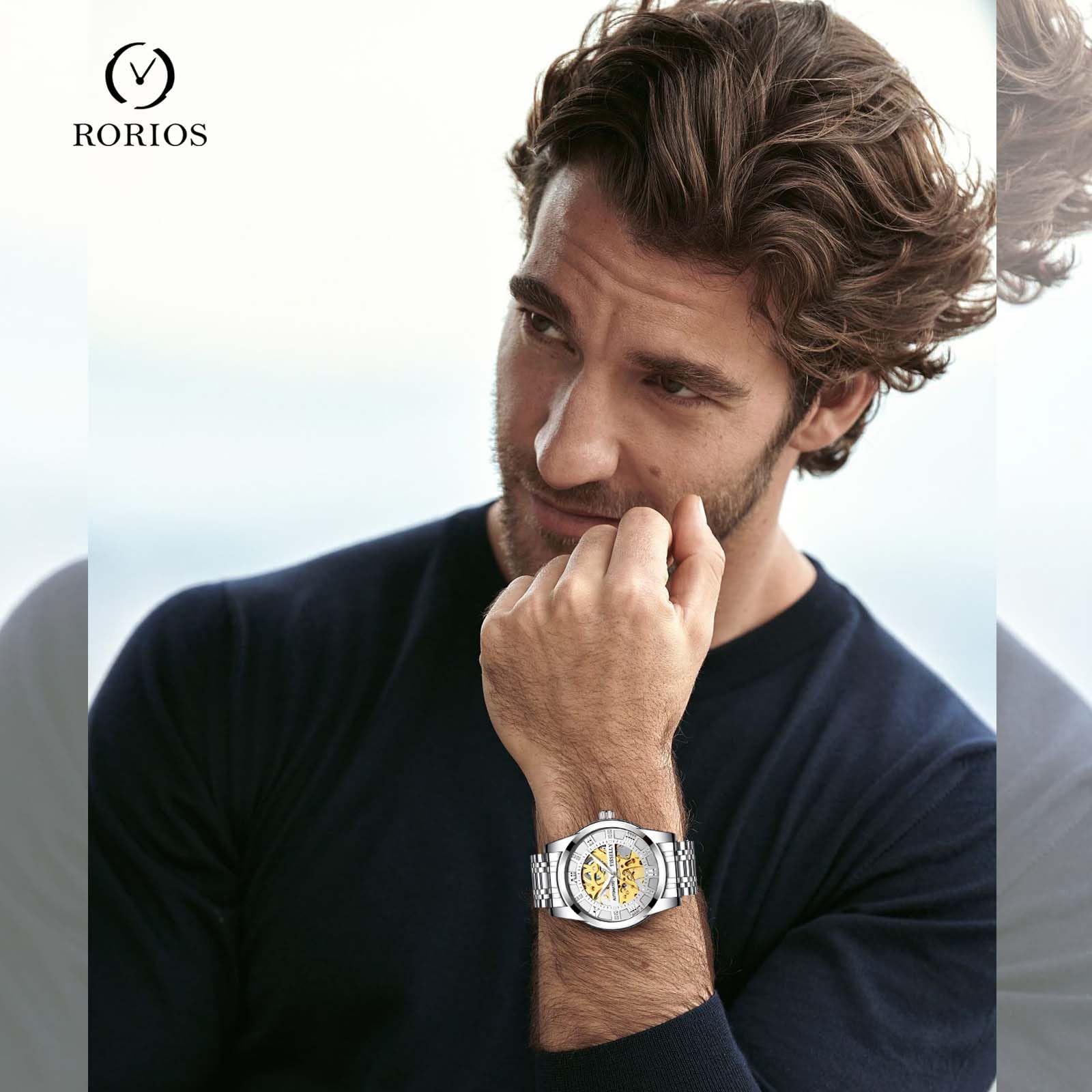 RORIOS Men's Automatic Watch - Minimalist Self-Winding Mechanical Wristwatch with Luminous Skeleton Dial & Steel Strap for Business & Casual Wear