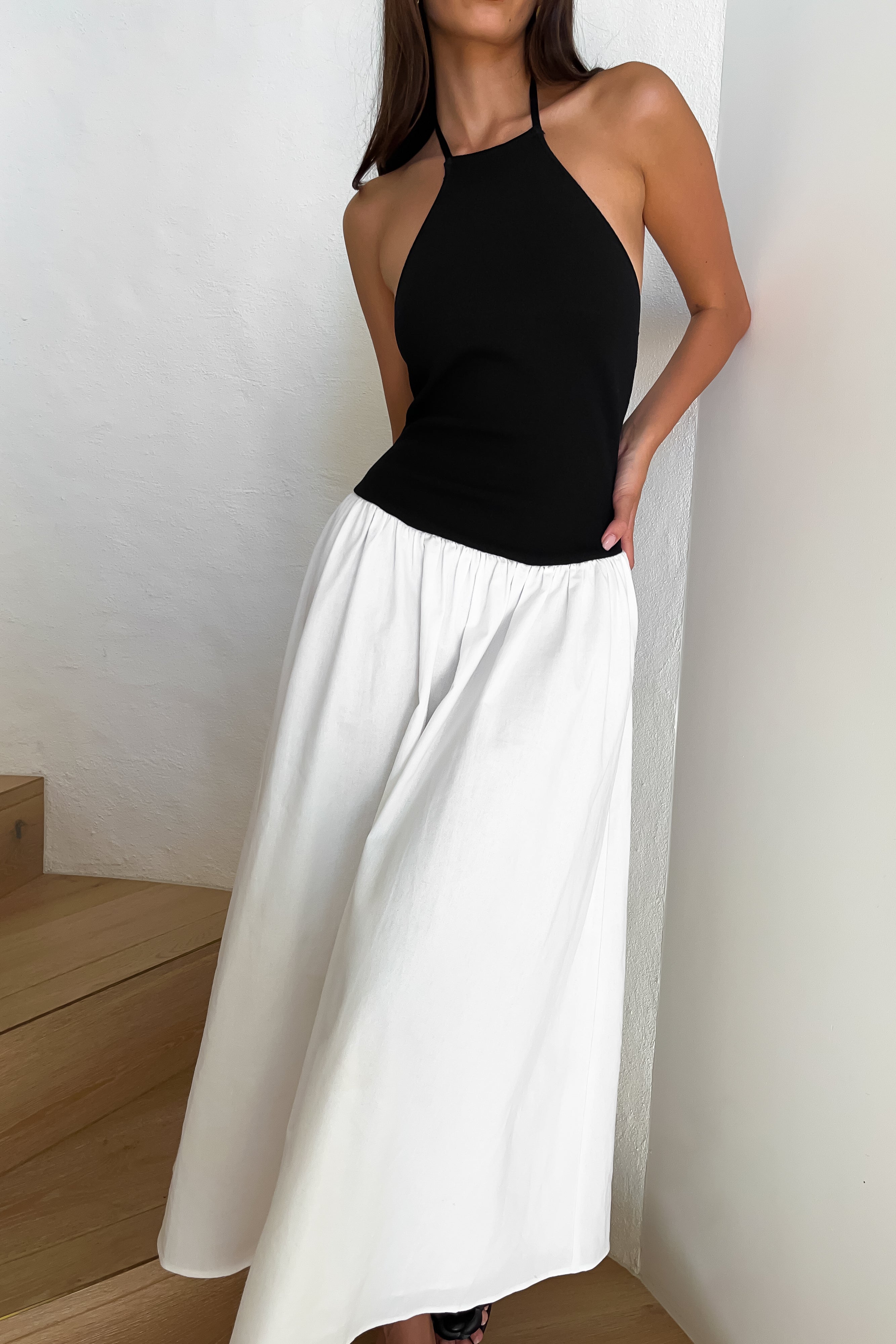 Katie Knit and Linen Midi Dress - Black & White | Women's Casual Summer Dress for Beach, Vacation & Everyday Wear