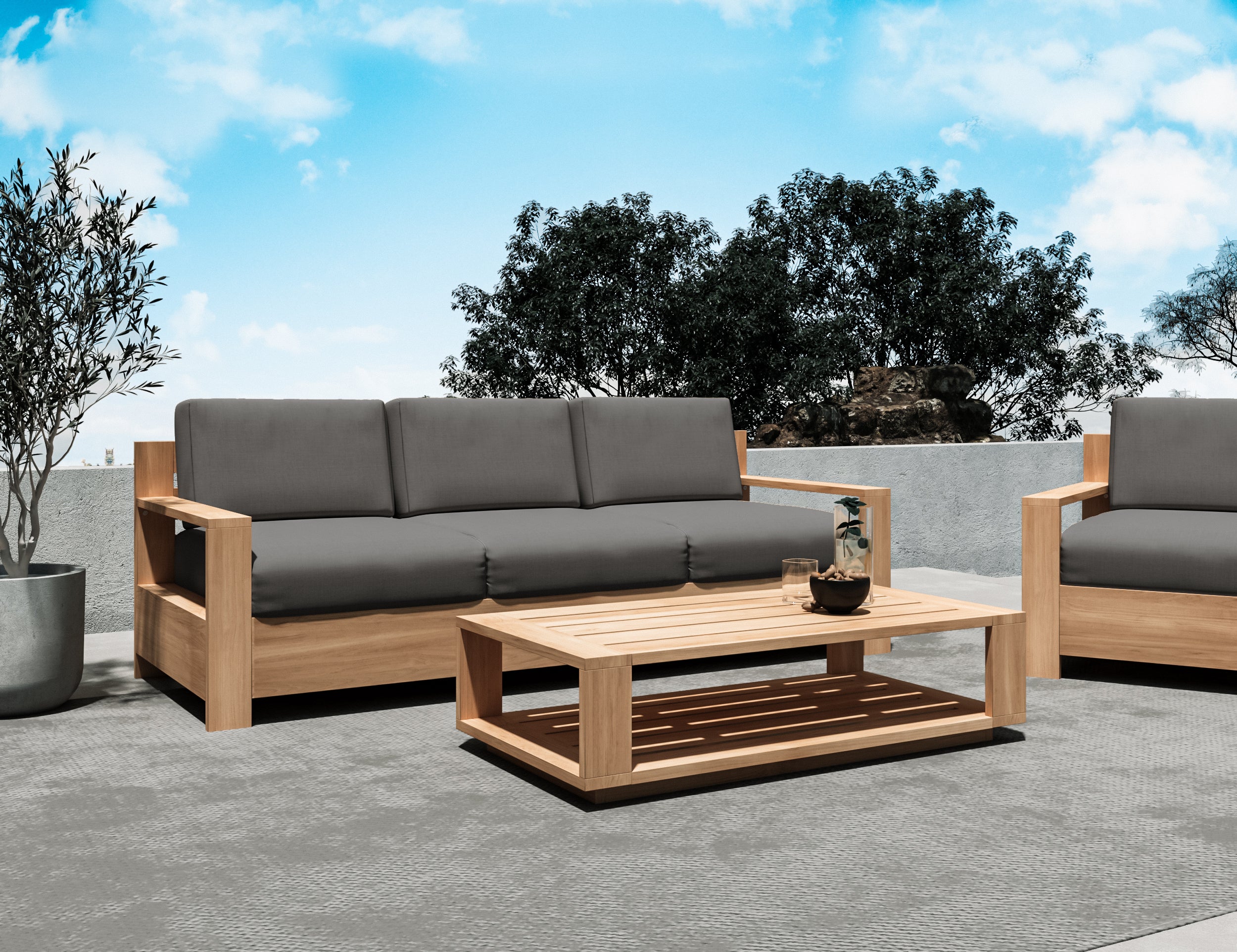 Lothair 3-Person Teak Outdoor Sofa with Sunbrella Charcoal Cushions - Weather-Resistant Patio Furniture for Backyard, Poolside & Garden Relaxation