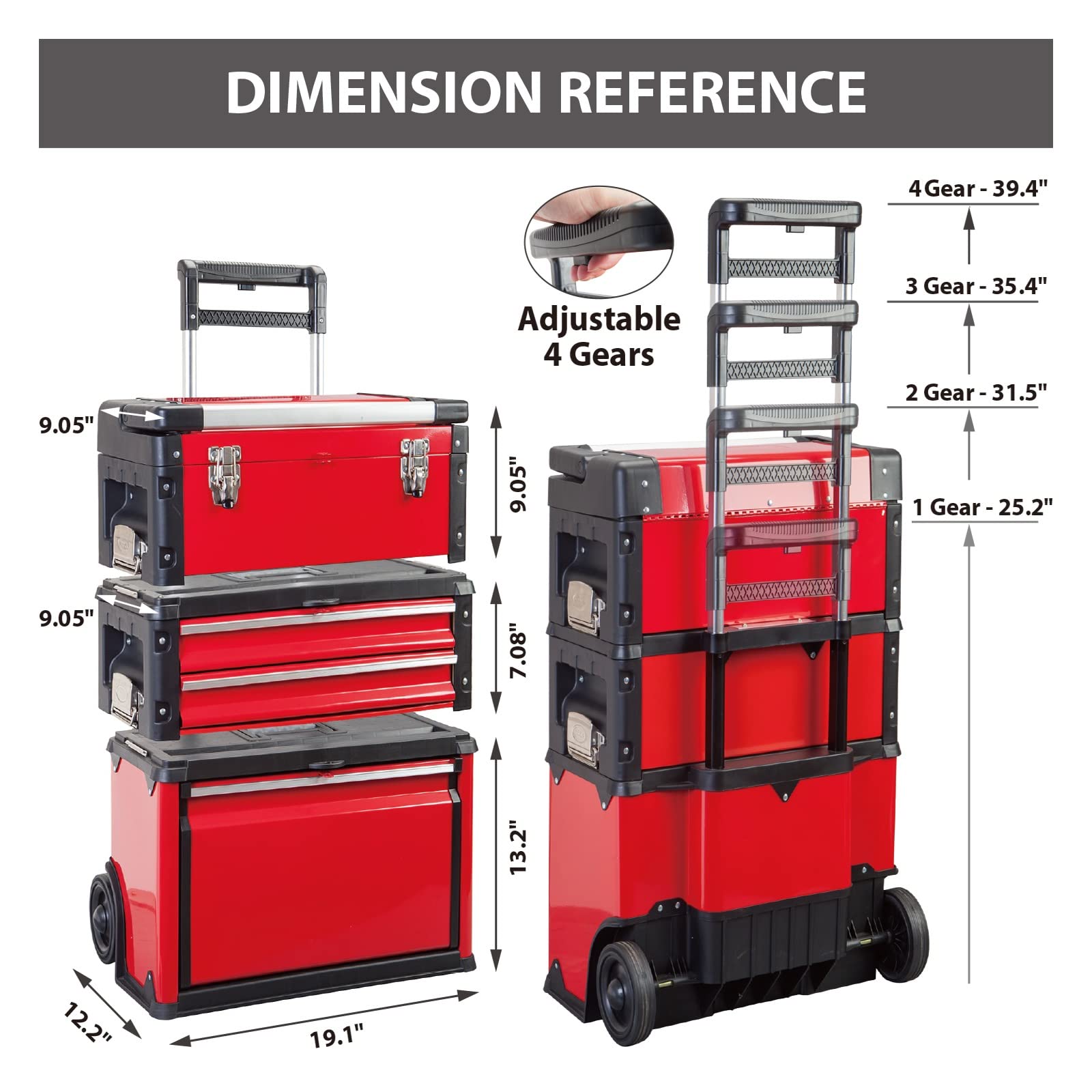 BIG RED Stackable Portable Metal Tool Box Organizer with Wheels & 2 Drawers - Rolling Upright Trolley Tool Chest for Garage, Workshop, or DIY Projects - Heavy Duty Tool Storage Solution - Perfect for Mechanics, Carpenters, and Home Improvement (Red, ATRJF-C305ABDR)
