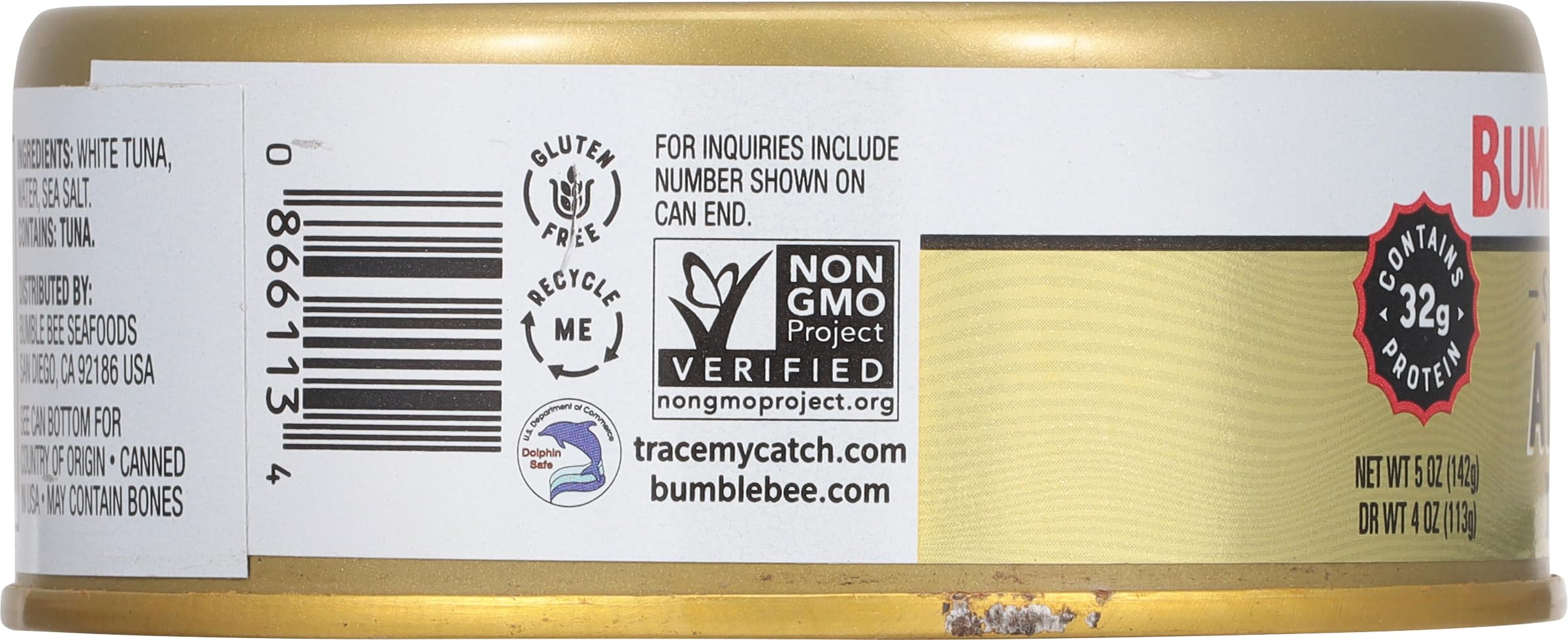 Bumble Bee Prime Solid White Albacore Tuna in Water, 5 oz Cans (Pack of 4) - Wild Caught, High Protein Tuna (32g per Serving) - Non-GMO, Gluten Free, Kosher Certified - Perfect for Salads, Sandwiches & Meal Prep