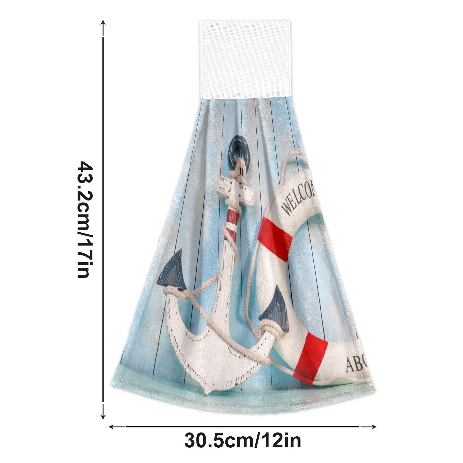 2-Pack Marine Anchor Life Buoy Hanging Kitchen Towels - Soft Coral Velvet Hand & Dish Towels with Loops - Absorbent Bathroom Washcloths for Summer Holiday Decor, Beach House & Nautical Themed Kitchens