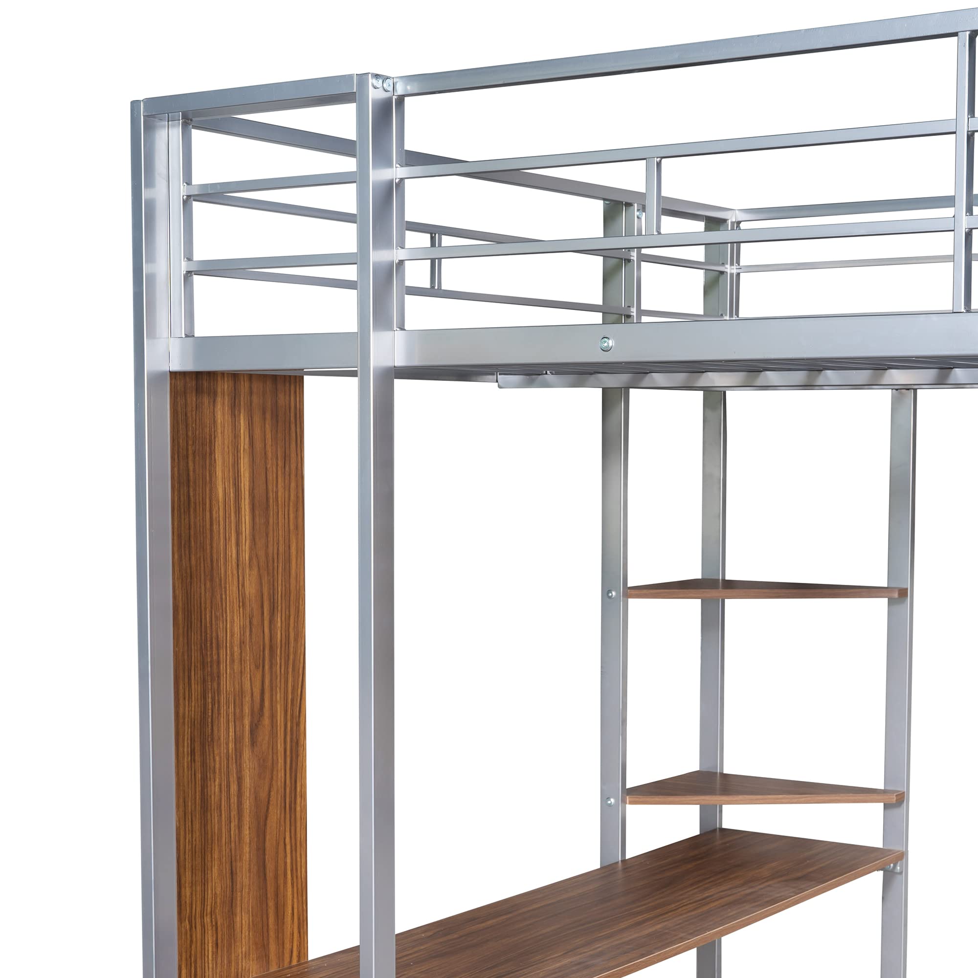 **Full Metal Loft Bed with Desk & Shelves - Heavy Duty Steel Frame for Kids, Teens & Adults (Silver) - Space-Saving Study & Sleep Solution for Small Rooms**