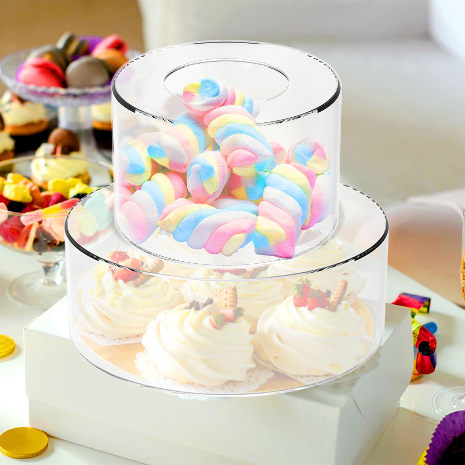 2Pcs Clear Acrylic Cake Stand with LED Lights - Fillable Round Dessert Display Riser, Stackable Cake Box for Wedding, Birthday Party, Bakery Display (Ideal for Cakes, Cupcakes, Toys & Floral Arrangements)