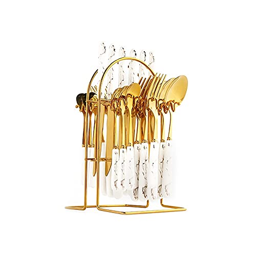 24-Piece Stainless Steel Gold Silverware Set - Luxury Cutlery with Knife, Fork & Spoon - Dishwasher Safe Dinnerware Set with Storage Rack - Elegant Light Green Tableware for Wedding, Party & Fine Dining (BY ZZYY)
