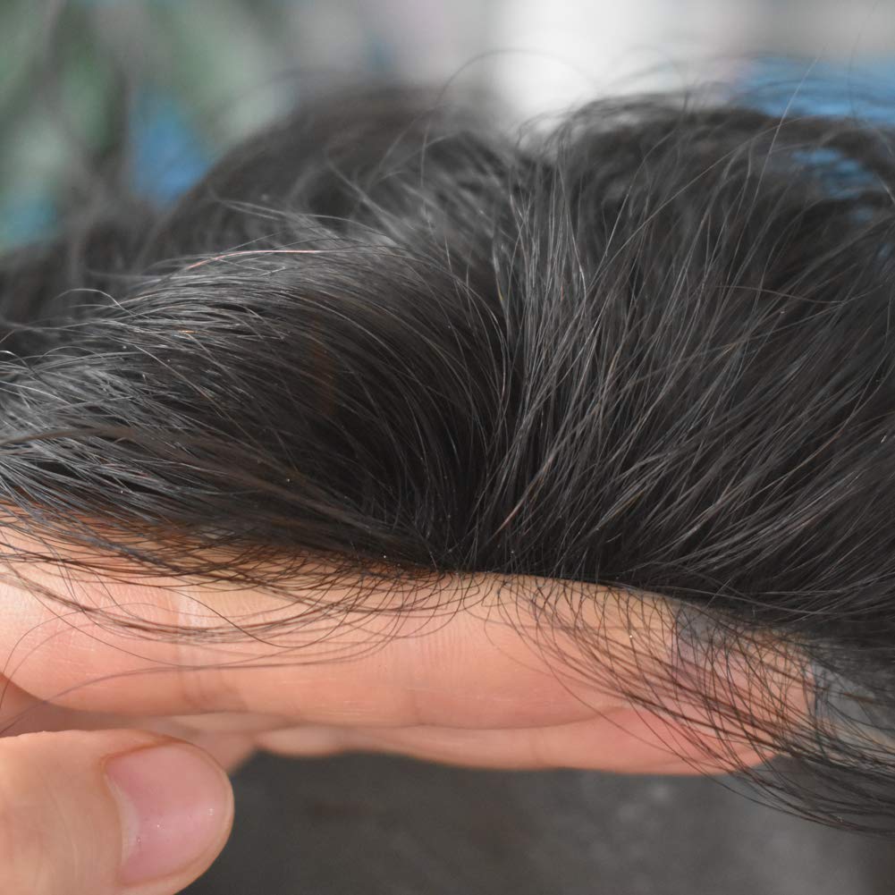Premium 100% European Human Hair Toupee for Men - 0.12mm Thin Skin V-Looped Hair Replacement System with Durable Poly Base (7