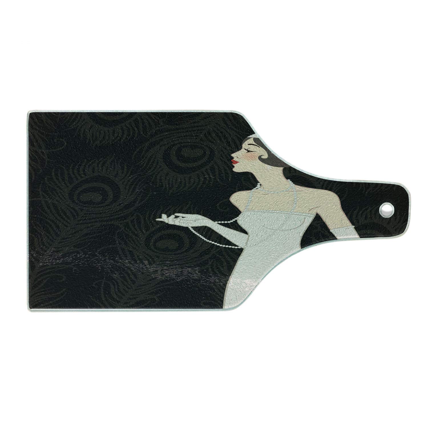 Ambesonne Old Hollywood Tempered Glass Cutting Board - Wine Bottle Shape, Charcoal Grey, Black & Beige - Art Deco Style Serving Board with Pale Skin Lady in White Dress - Perfect for Cheese Platters, Charcuterie & Wine Pairing