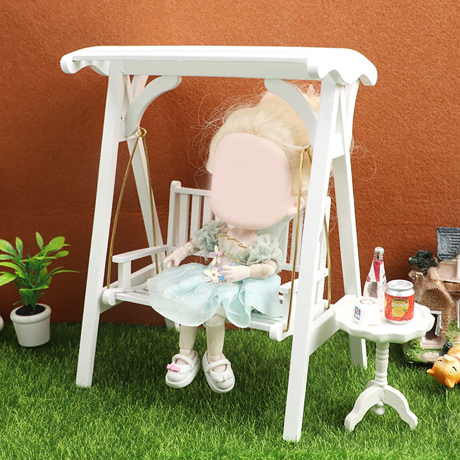 1:12 Scale Miniature Dollhouse Swing Chair - Wooden Dollhouse Furniture, Hammock & Park Decor for 1/12 Doll House - Perfect for Dollhouse Displays, Miniature Gardens & Fairy Garden Scenes (White)