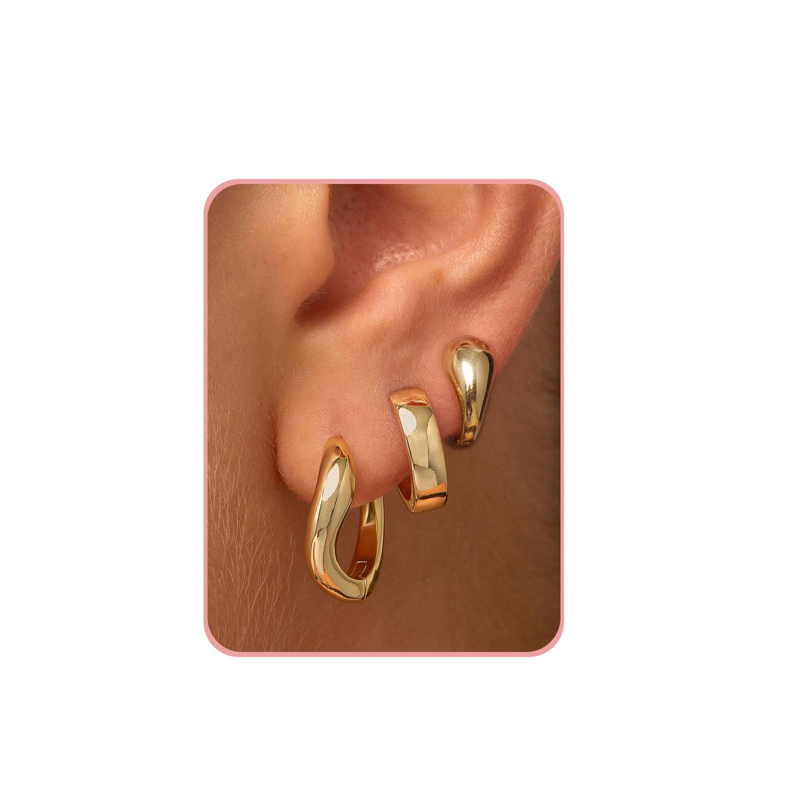 3 Pairs 14K Gold Hoop Earrings for Women - Trendy Dainty Huggie Stud Earrings, Hypoallergenic Small Hoops - Perfect Gift for Her, Birthday, Anniversary & Everyday Wear