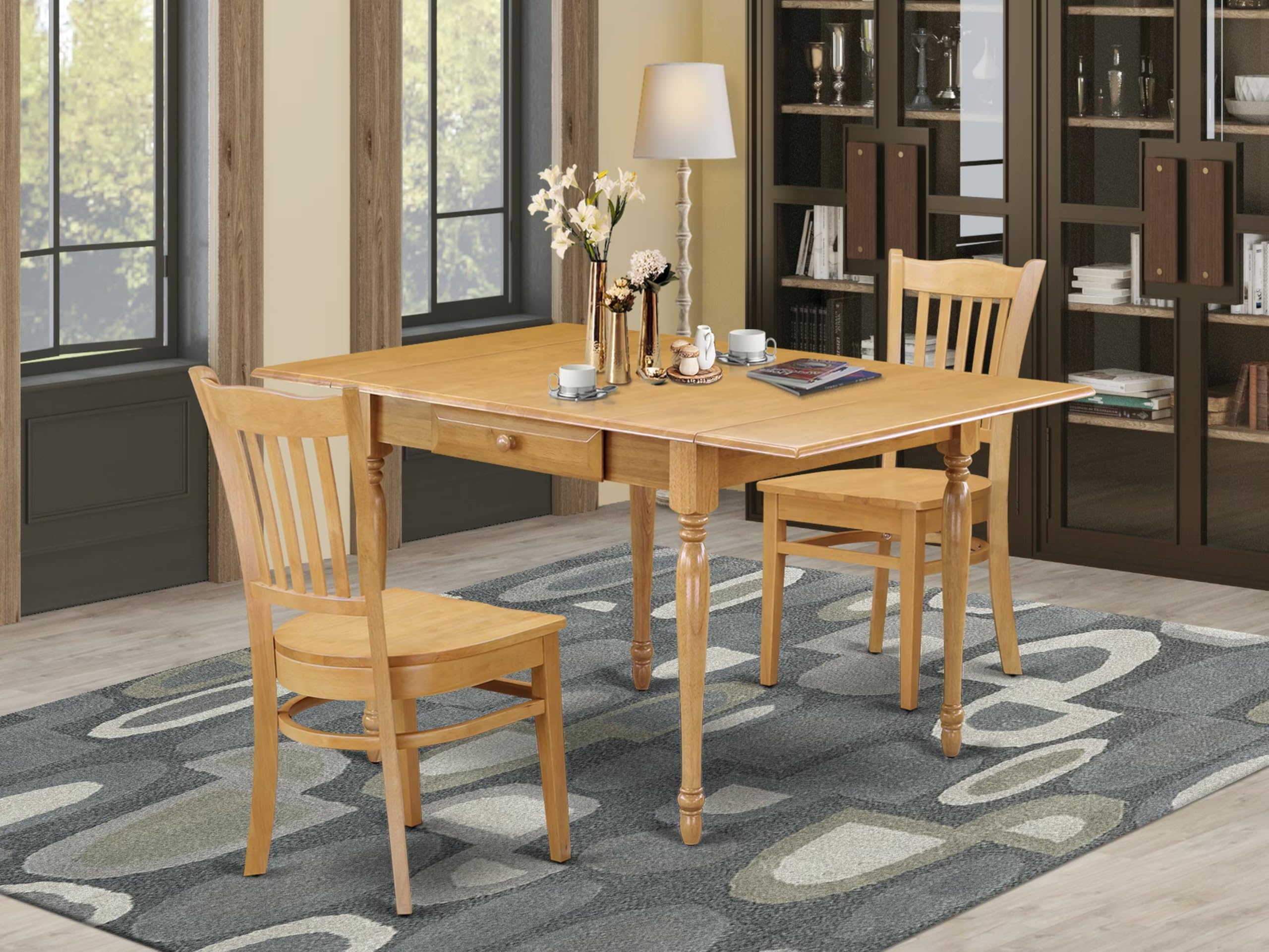 East West Furniture MZGR3-OAK-W 3 Piece Oak Dining Table Set with Drop Leaf & 2 Wooden Chairs, 36x54 Inch - Perfect for Small Spaces, Breakfast Nooks & Cozy Dining Rooms