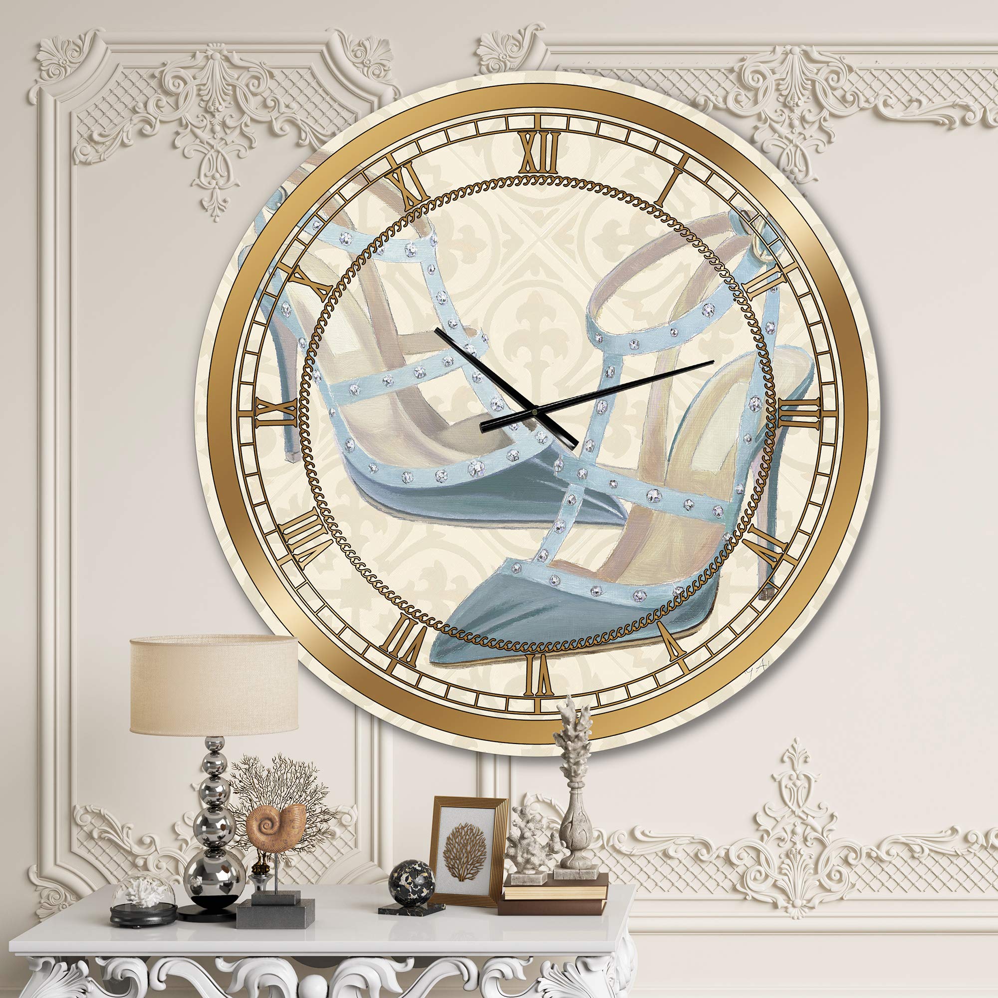 DesignQ Glam Wall Clock - Stylish 'Glam Cosmetics Blue Shoes' Large Decorative Clock for Office, Living Room & Bedroom | Perfect Home & Workplace Décor