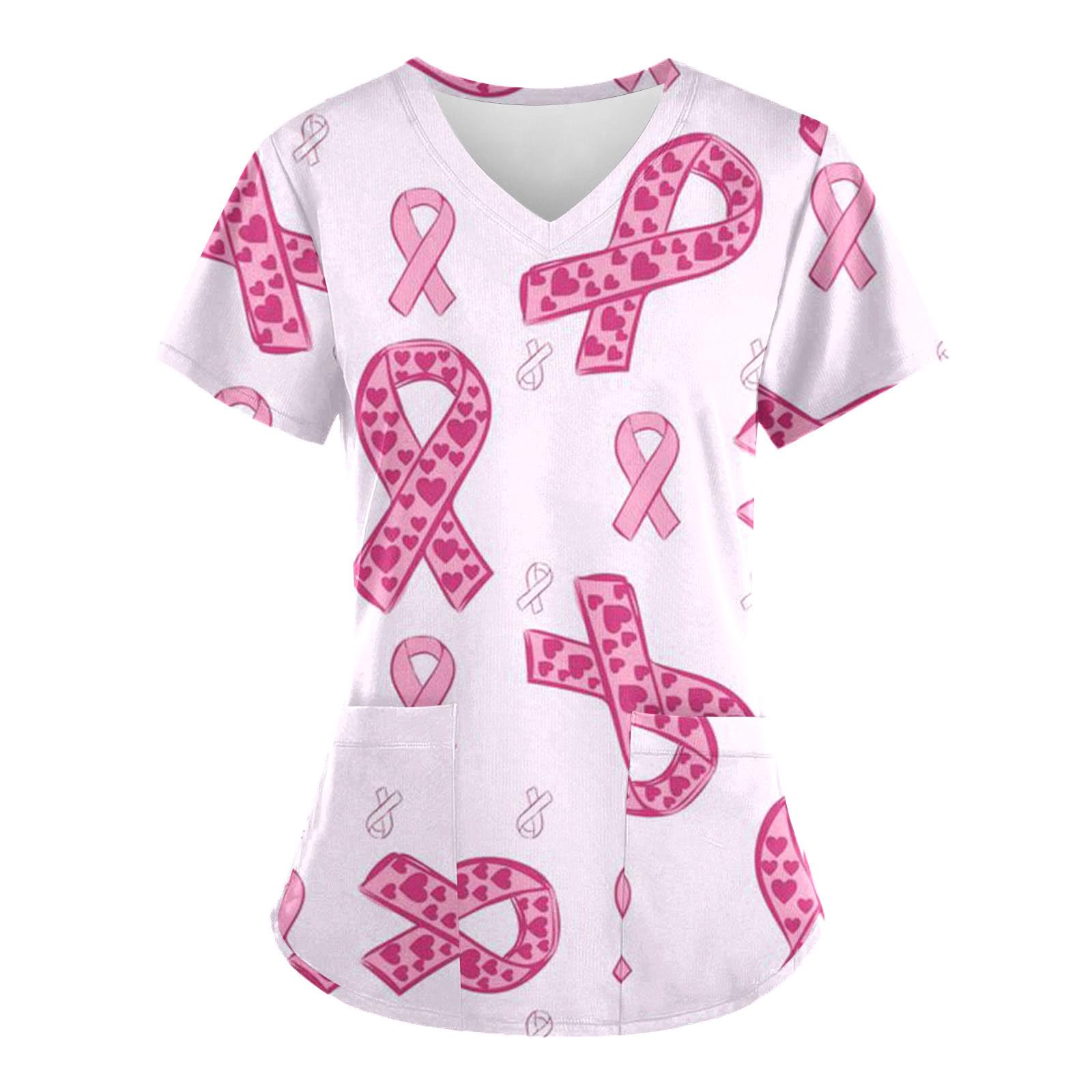 Women's Short Sleeve V-Neck Scrub Shirts for Breast Cancer Awareness - Comfortable Work Tops for Nurses & Medical Professionals - Perfect for Summer & Fall Workwear