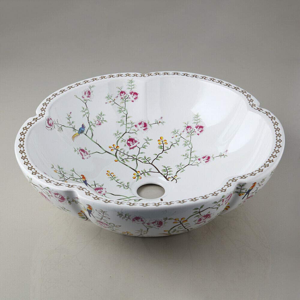 Antique Brass Faucet Round White Ceramic Vessel Sink with Floral Bird Design - Above Counter Bathroom Basin for Vanity, Powder Room & Farmhouse Decor