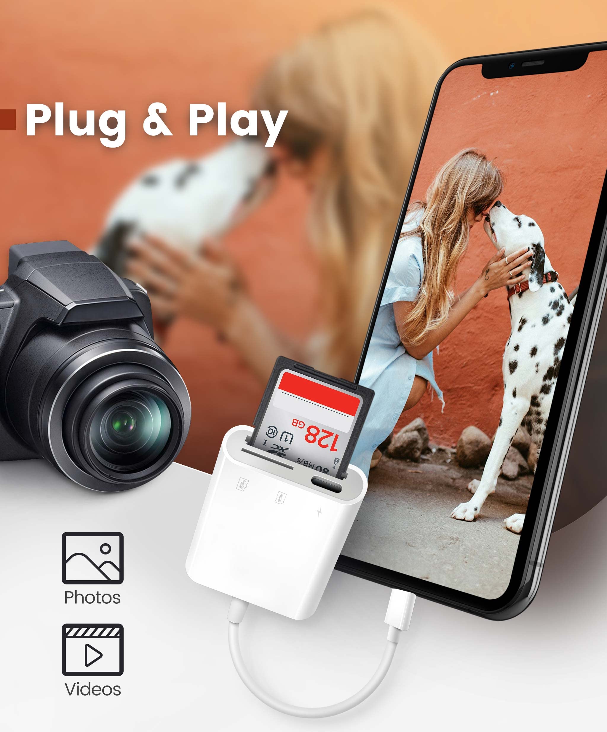 **AkHolz 2-in-1 SD Card Reader for iPhone & iPad - Lightning to USB/SD Adapter for DSLR, Dash Cam, Trail Camera - Portable, No App Needed - Perfect for Travel, Photography & Data Transfer**