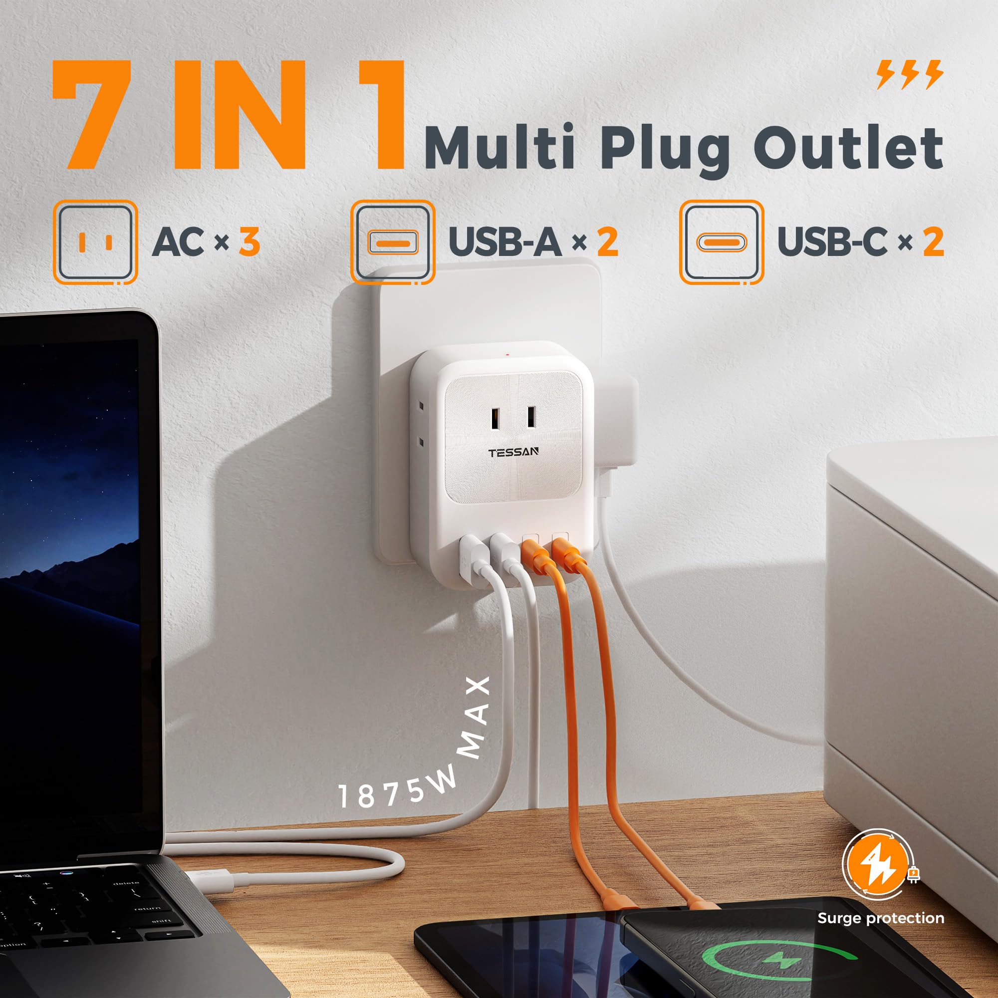 TESSAN 3 AC & 4 USB Wall Charger - Multi-Port Power Adapter for Home, Office, Dorm