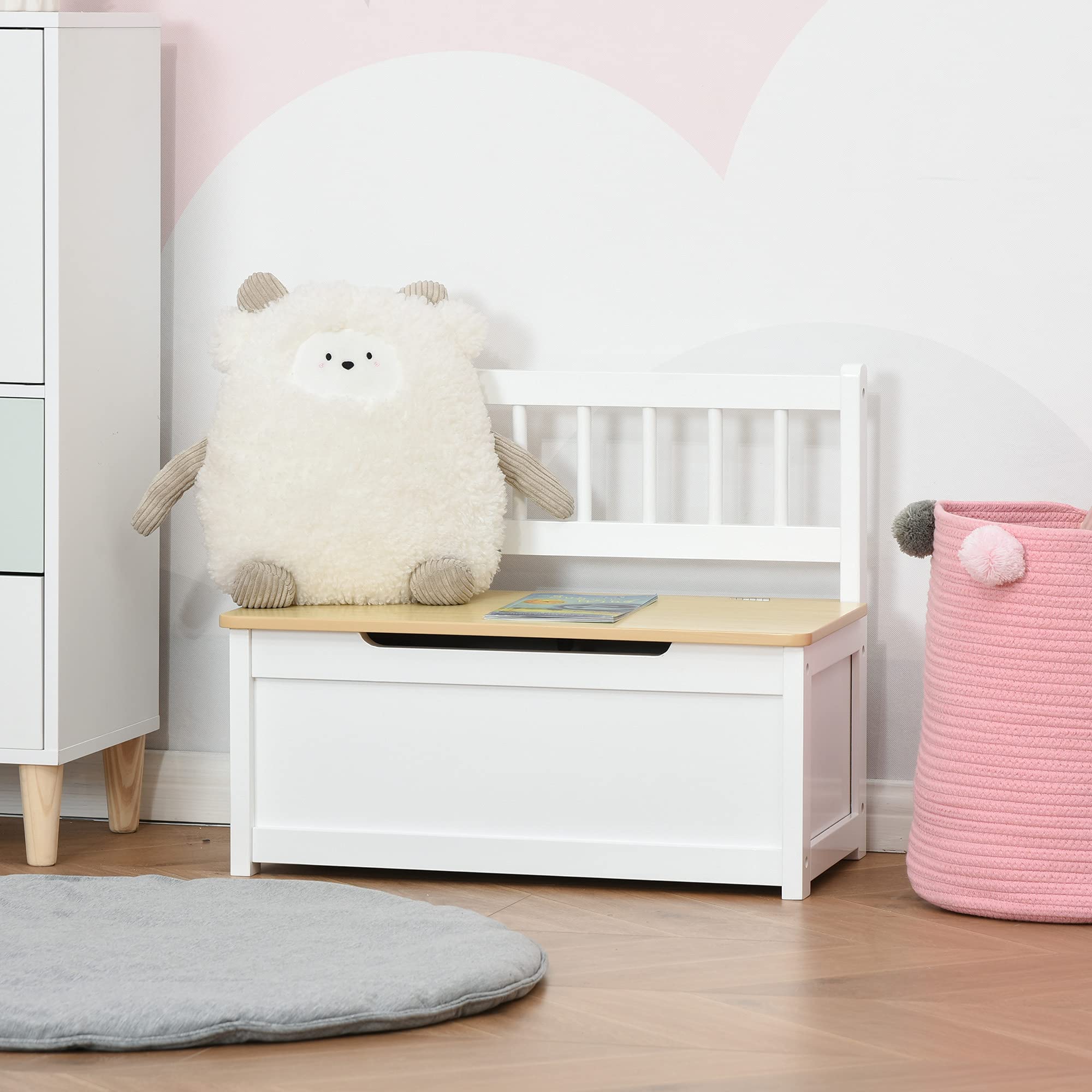 Qaba White Toddler Toy Storage Bench - 27L Large Capacity Kids Organizer with Seat, Playroom & Bedroom Furniture for Toys, Books & Clothes | Perfect for Toddler Play Areas, Daycare Centers & Home Organization
