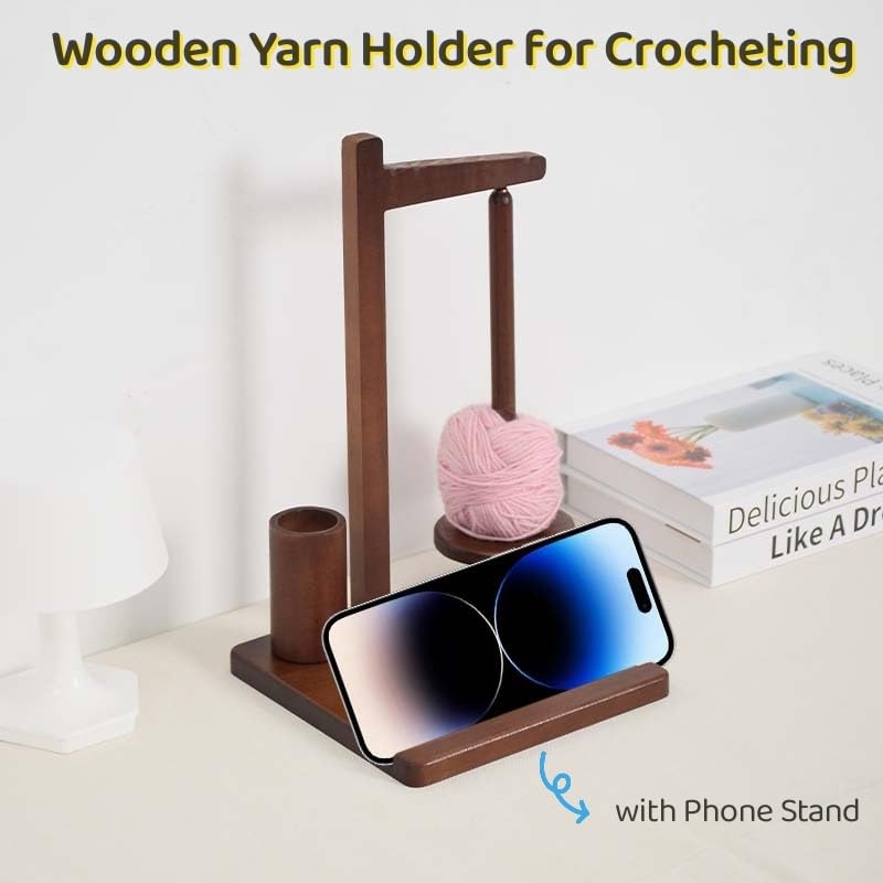 Wooden Yarn Holder Stand with Phone Stand & Crochet Hook Storage - Magnetic Yarn Ball Spinner for Knitting & Crocheting - Perfect for Crafting, DIY Projects & Relaxing at Home