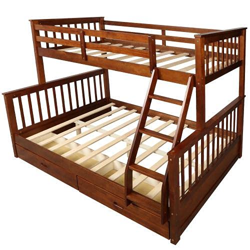 Twin Over Full Bunk Bed with Drawers & Ladder - Solid Wood Bunk Bed with Full-Length Safety Guardrail - No Box Spring Required - Walnut Finish - Perfect for Kids' Bedroom, Guest Room & Space-Saving Solutions