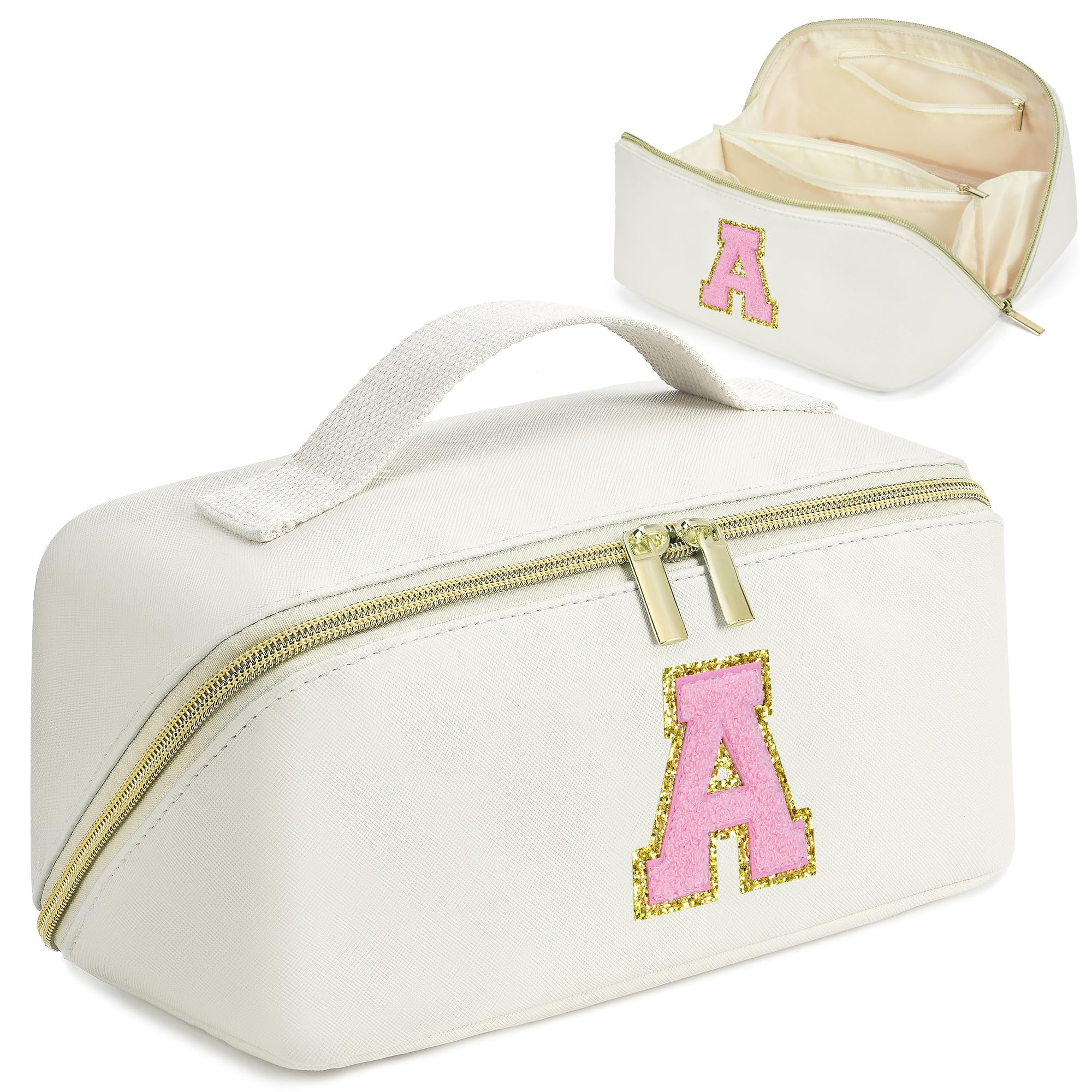 Personalized PU Leather Makeup Bag for Women - Initial Cosmetic Pouch for Teen Girls, Travel Toiletry Bag, Trendy Birthday & Mother's Day Gift (White) - Perfect for Travel, Daily Skincare & Gift Giving