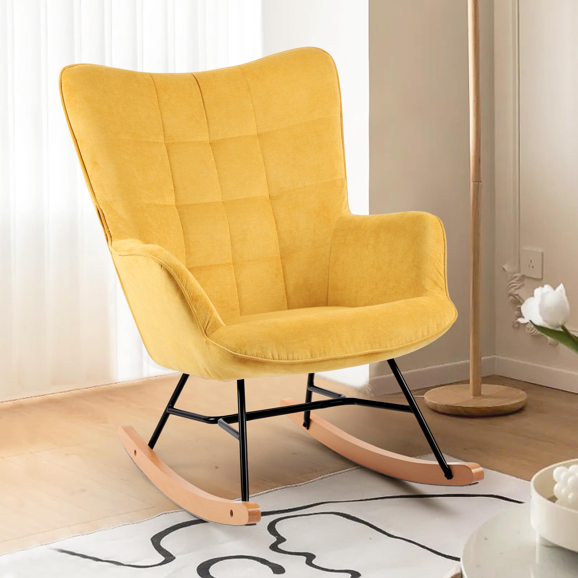 LSSPAID Upholstered Glider Rocking Chair with High Backrest - Comfy Nursery Rocker for Living Room, Bedroom & Baby Room - Yellow | Perfect for Nursing, Relaxing & Nursery Decor
