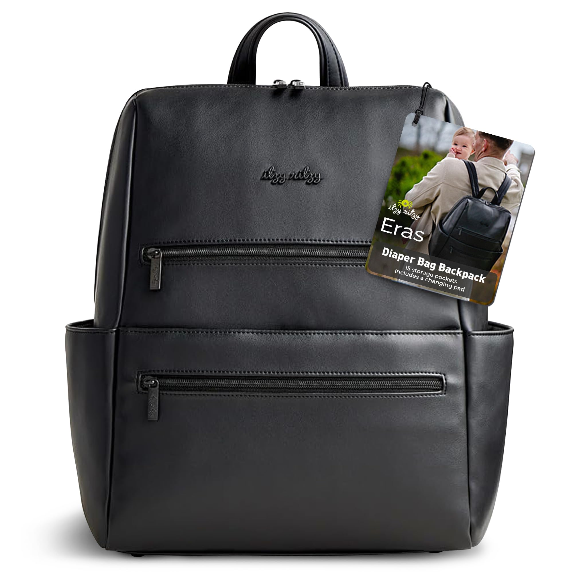 Itzy Ritzy Eras Diaper Bag Backpack for Men - Large Capacity Neutral Design Baby Bag with 15 Pockets, Changing Pad & Stroller Straps | Perfect for Dads On-The-Go, Travel & Everyday Use | Black