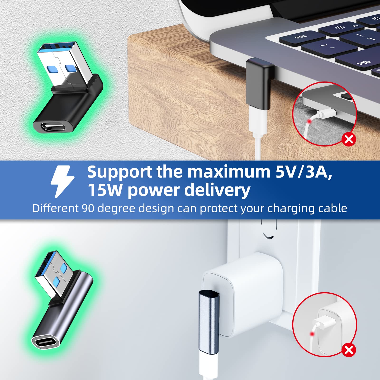 DuHeSin 8 Pack 90 Degree USB Adapter Set - 4x USB-A to USB-C, 3x USB-A to USB-A & 1x USB-C to USB-C Male to Female Converters - Compatible with Laptop, PC, Car Charger, Power Bank - Perfect for Office, Travel & Home Charging Stations