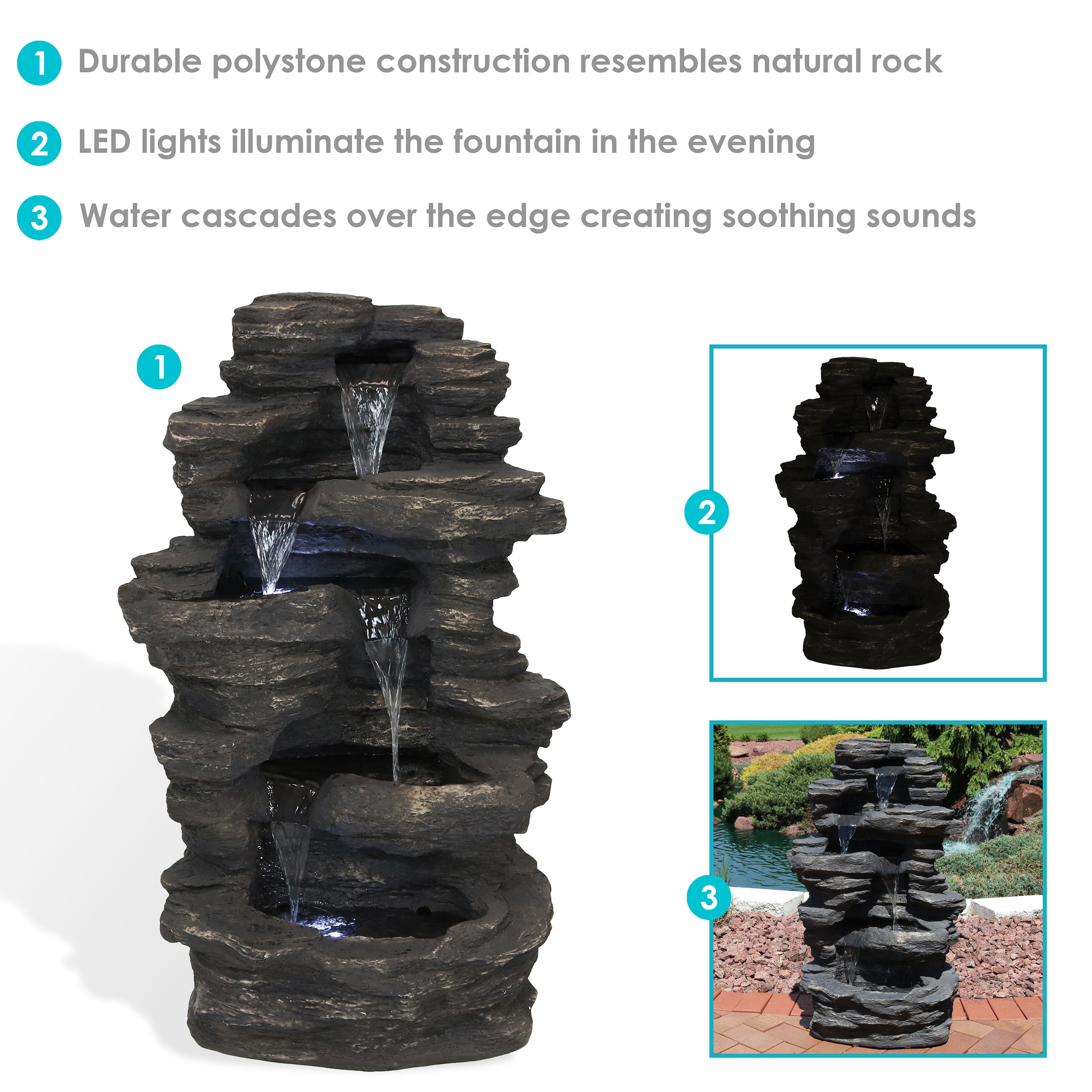 Sunnydaze Rock Falls Electric Waterfall Fountain with LED Lights - 39