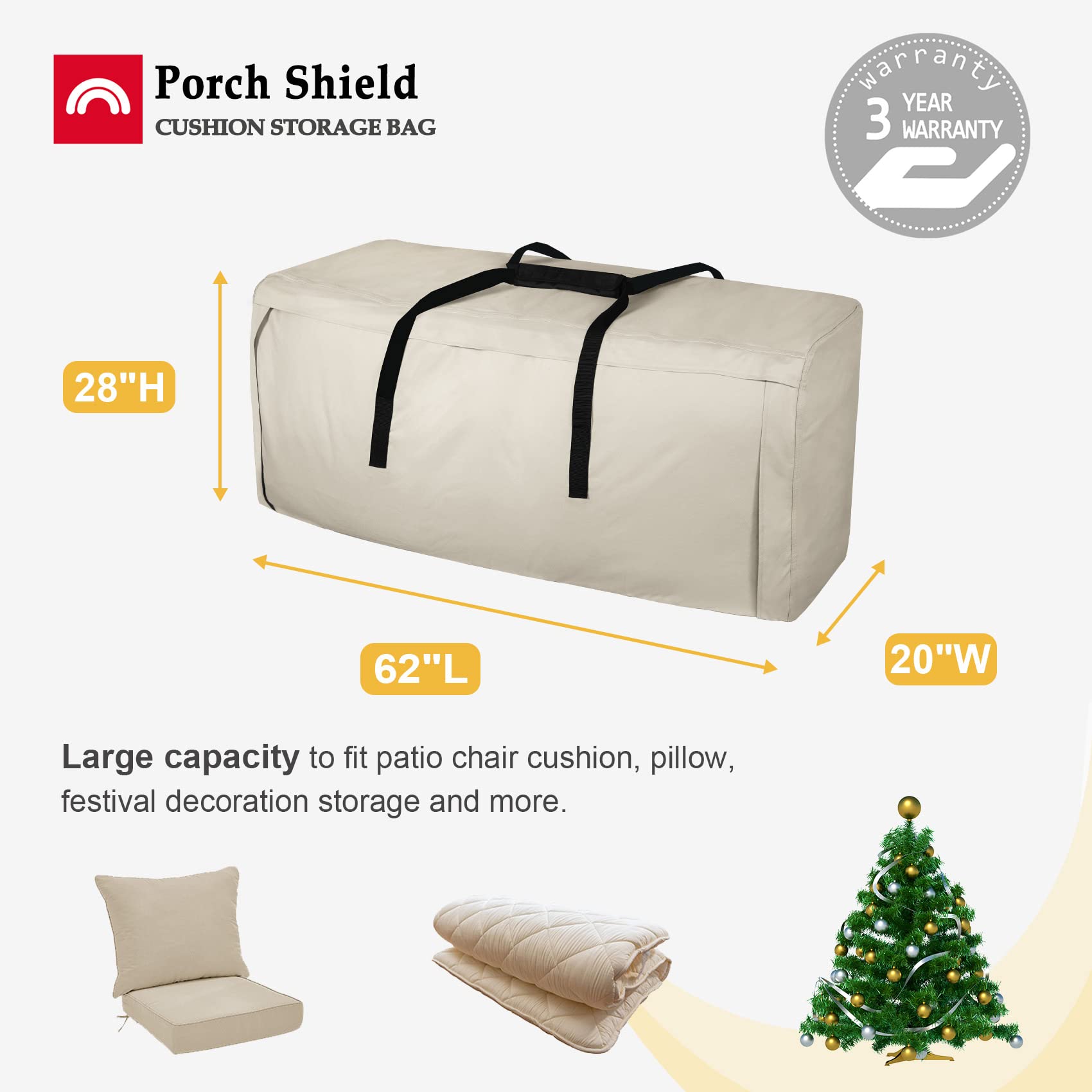 62 Inch Waterproof Outdoor Cushion Storage Bag - Heavy Duty Zippered Patio Furniture Cover with Handles - Perfect for Porch, Deck, and Garden Furniture Protection
