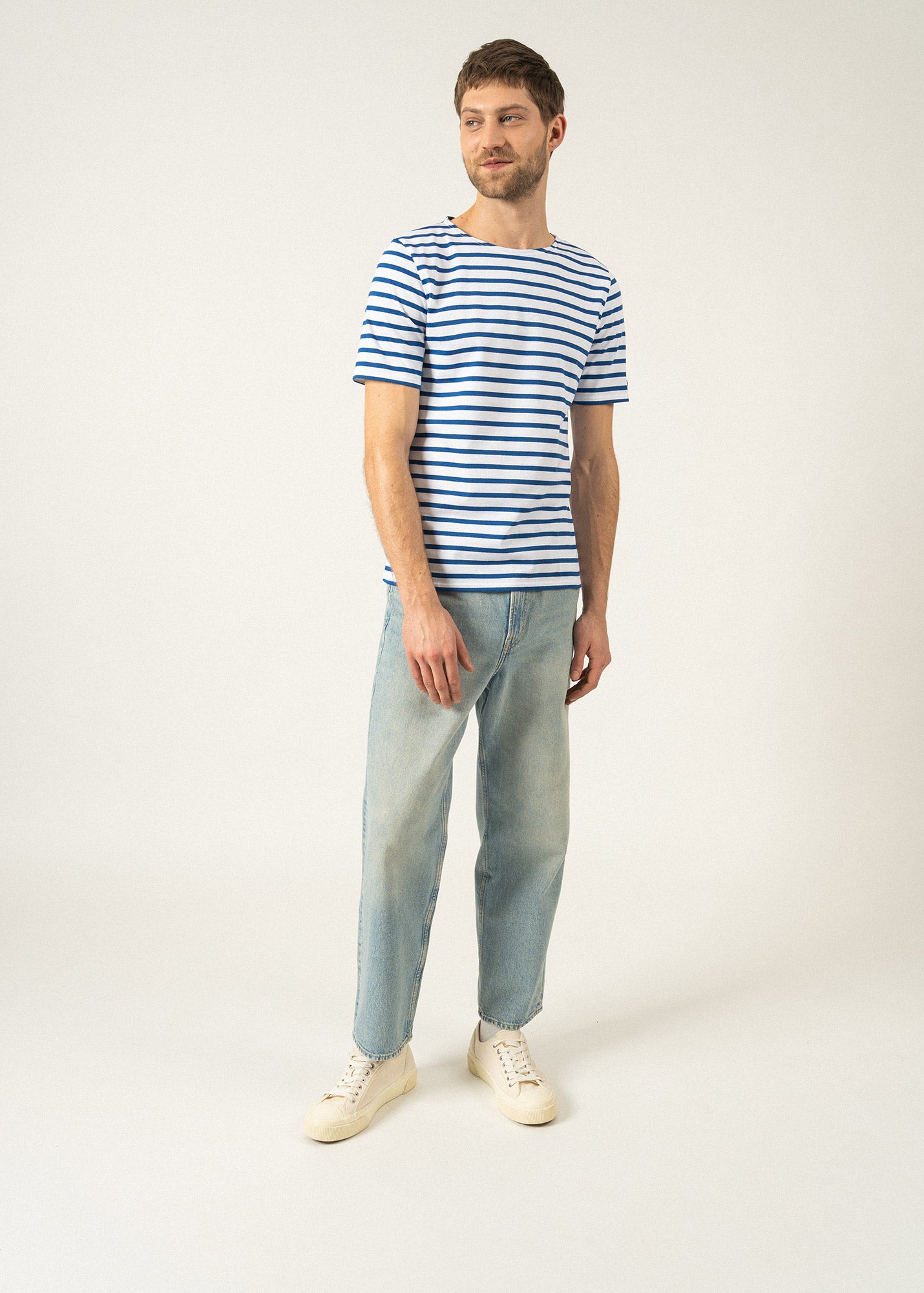 LEVANT MODERN Breton Stripe Short Sleeve Shirt - Soft Cotton Unisex T-Shirt (White/Royal Blue) | Casual Wear, Beach Outfit, Summer Fashion