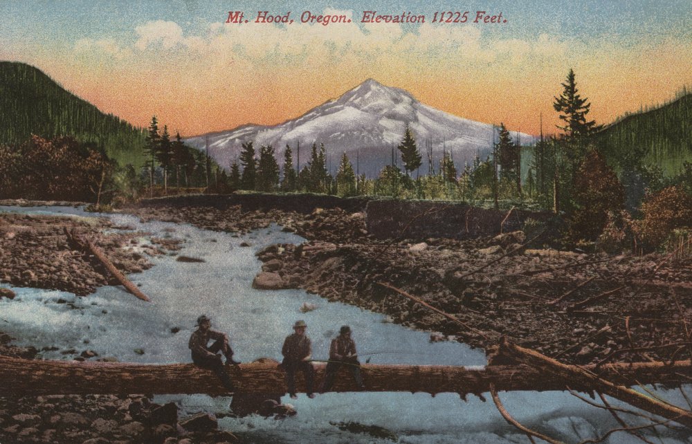 Mt. Hood Oregon Fishing Wall Art - 12x18 Inches Vintage Men Fishing on Log with Mountain Landscape Poster - Perfect for Living Room, Bedroom, Office & Cabin Decor