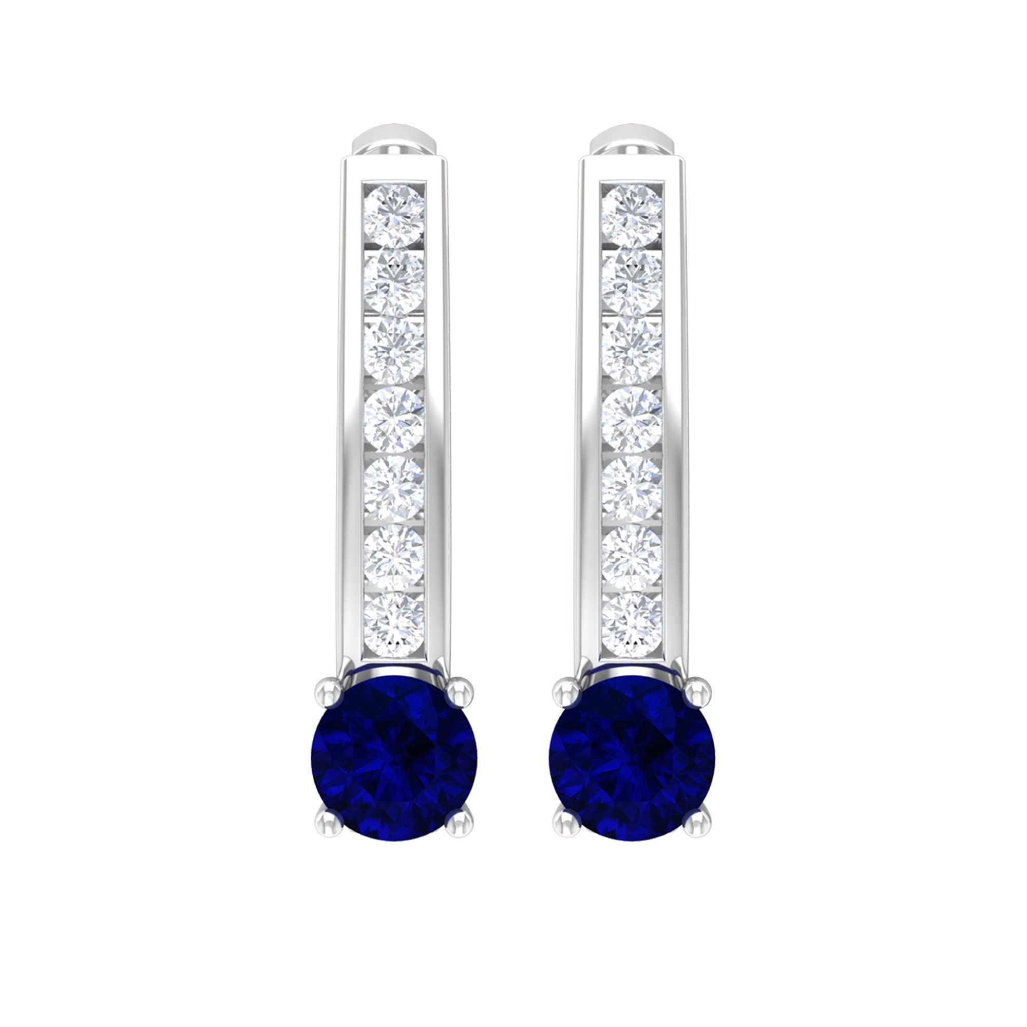 1 CT Blue Sapphire and Diamond Hoop Earrings for Women - 14K Solid Gold with Secure Latch Back - Elegant J Hoop Design for Parties, Weddings & Special Occasions