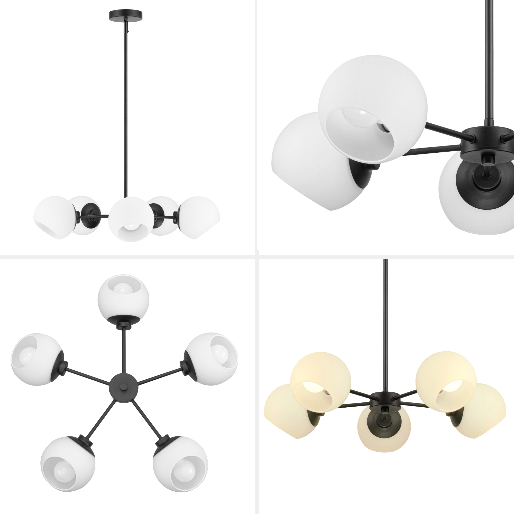 5-Light Stoll Chandelier in Matte Black with Opal Glass Shades - Elegant Dining Room Lighting for Modern Home Decor