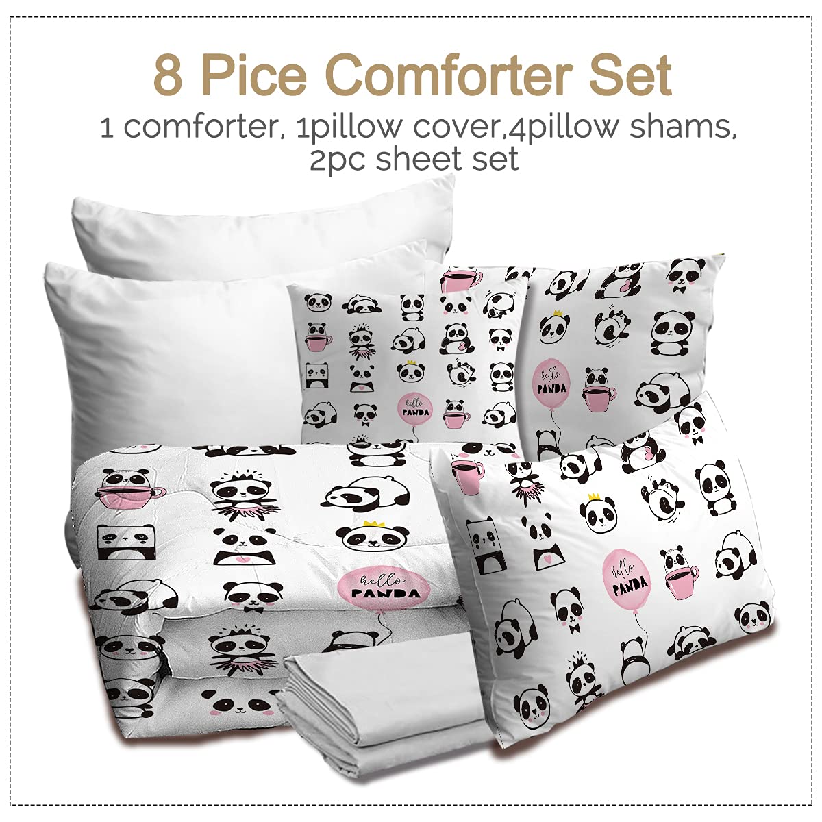 BlessLiving Panda Bear Bedding Set Queen Size - 8 Piece Cute Black White Pink Bed Set with Comforter, Pillow Shams, Sheets & Cushion Cover | Soft Kids Bedroom Decor for Boys & Girls | Perfect for Cozy Sleepovers, Nursery Rooms & Teen Bedrooms