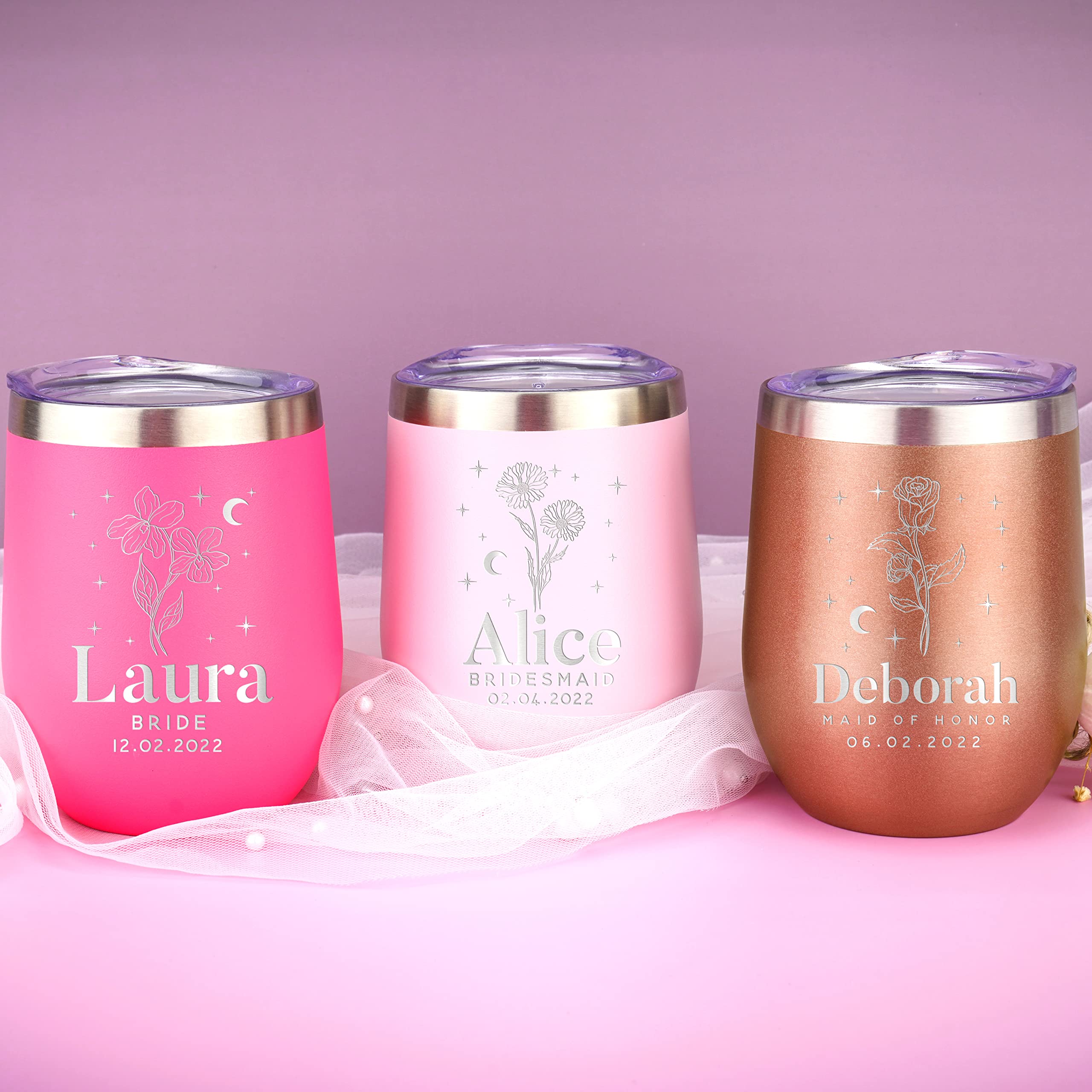 Personalized Bridesmaid Wine Tumblers Set of 5 - Custom Engraved Stemless Glasses with Lid, Names & Titles - 10 Colors & 12 Birth Flower Options - Unique Bridesmaid Proposal Gifts - Perfect for Wedding Showers, Bachelorette Parties & Thank You Gifts