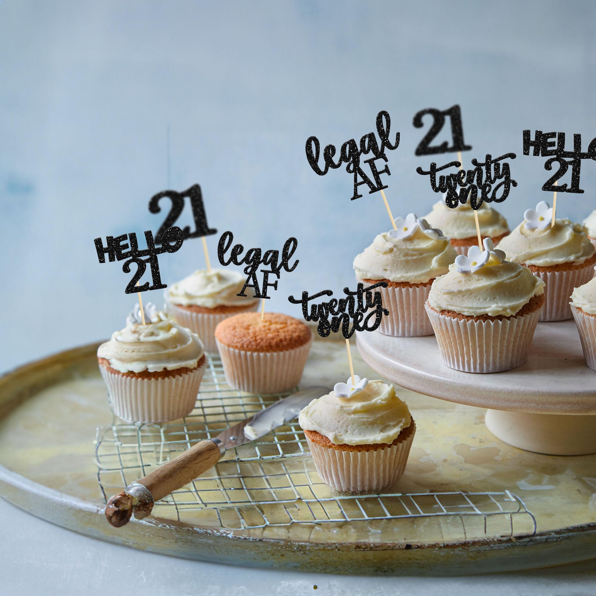 24Pcs Black Glitter 21st Birthday Cupcake Toppers - Legal Age Cake Decorations for 21st Birthday Party, Hello 21 Cupcake Picks - Perfect for Birthday Cakes, Cupcakes and Dessert Table Decorations