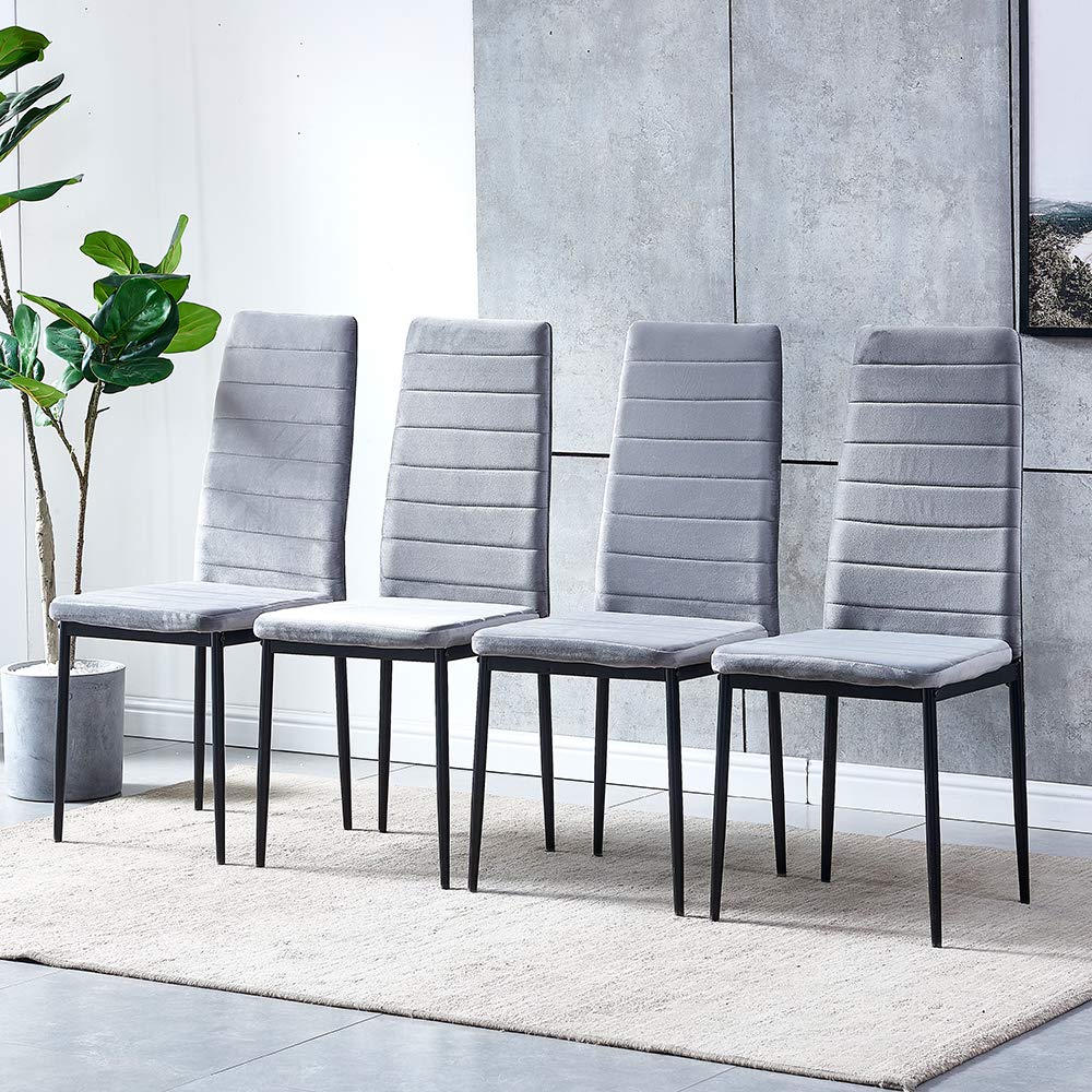 5-Piece Modern Grey Dining Set with Tempered Glass Table & 4 Velvet Chairs - Space Saving Kitchen/Dining Room Furniture for Small Apartments, Breakfast Nooks & Cozy Meals